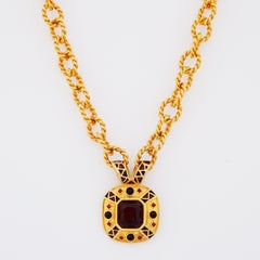 Chunky Satin Gilt Chain Necklace w/ Ruby Crystal Pendant By Leslie Block, 1980s