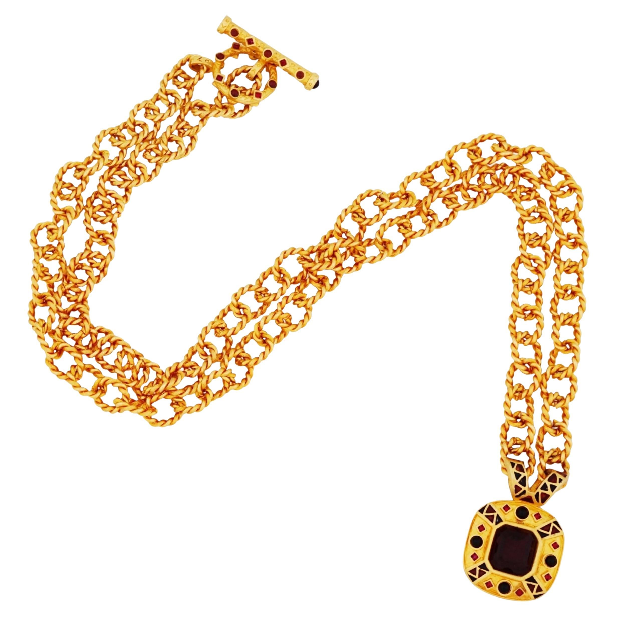 Chunky Satin Gilt Chain Necklace w/ Ruby Crystal Pendant By Leslie Block, 1980s For Sale
