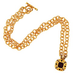 Vintage Chunky Satin Gilt Chain Necklace w/ Ruby Crystal Pendant By Leslie Block, 1980s