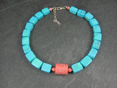 Chunky Southwestern Turquoise and Carved Coral Necklace