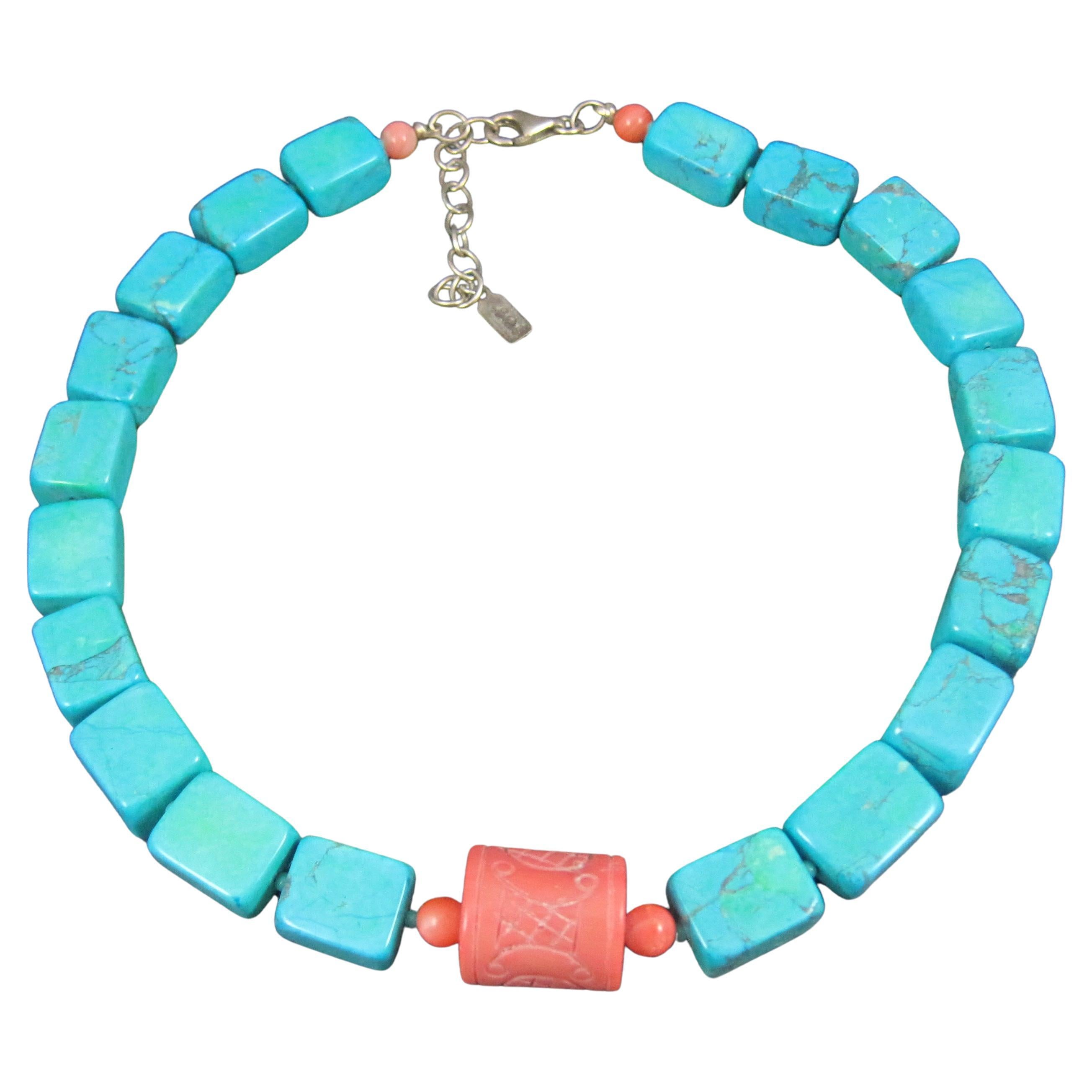Collana in corallo intagliato e turchese del Sud-Ovest