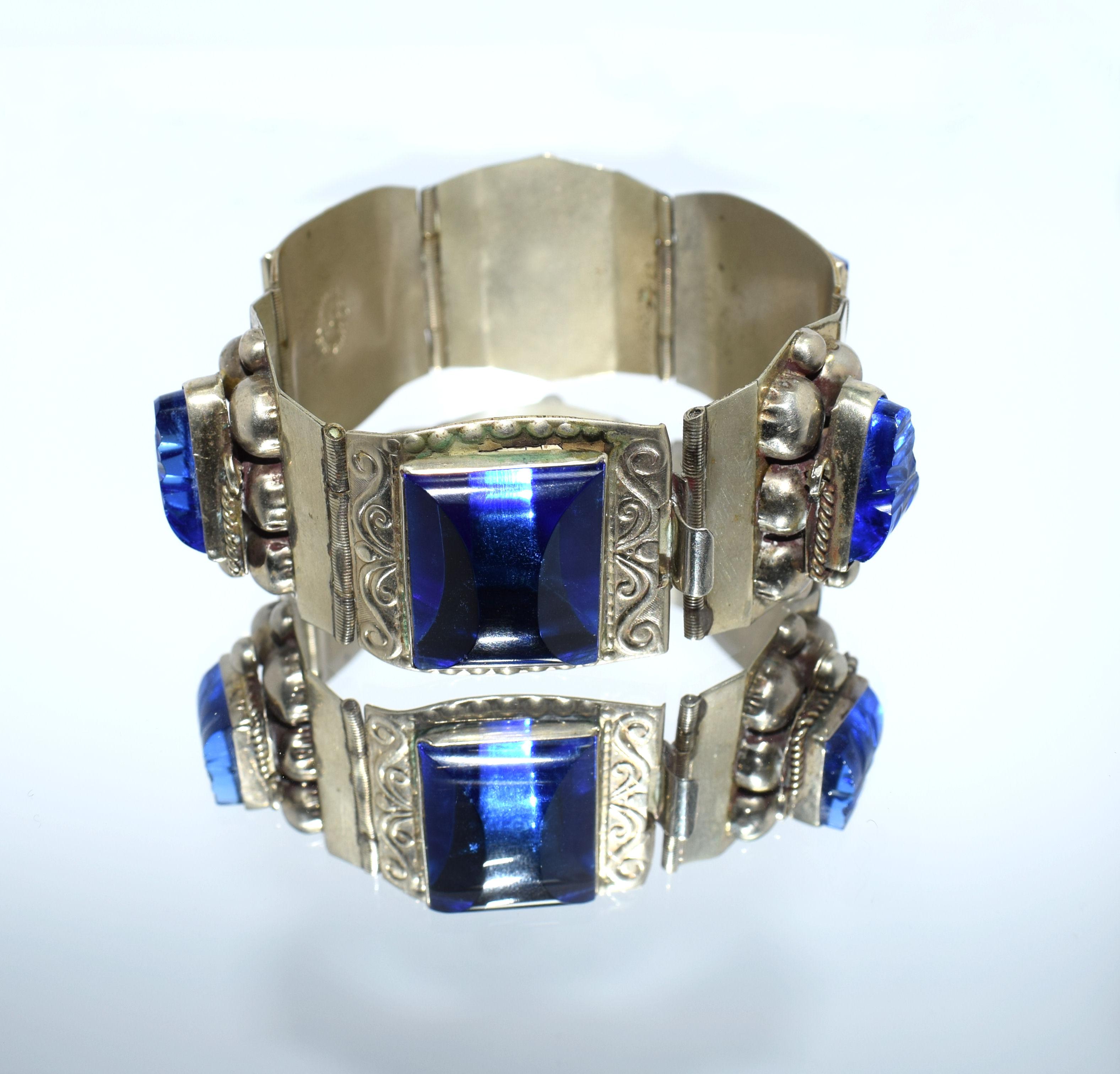 Chunky Sterling Silver and Blue Glass Ladies Bracelet by Taxco In Good Condition In Westward ho, GB
