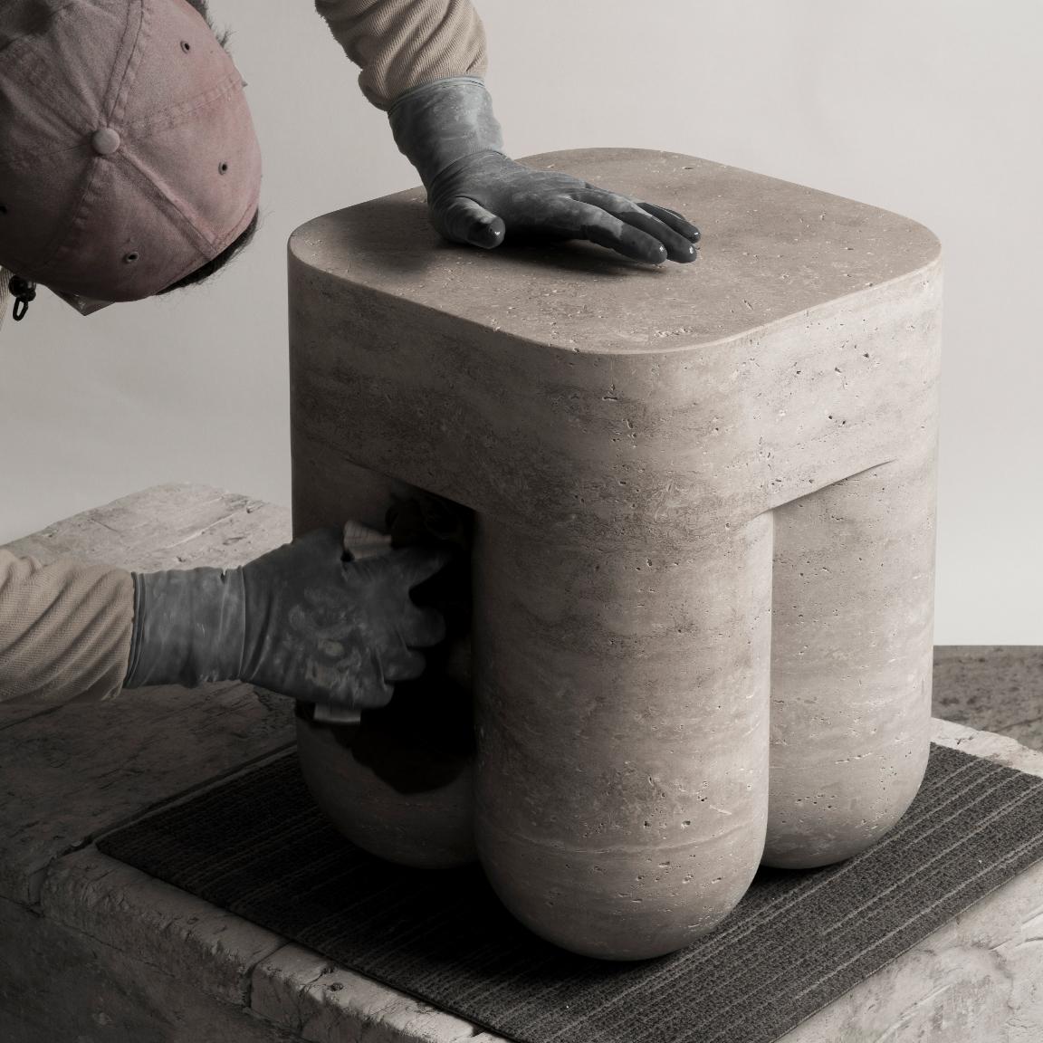 Carved Chunky Stool & Side Table Roman Travertine For Sale
