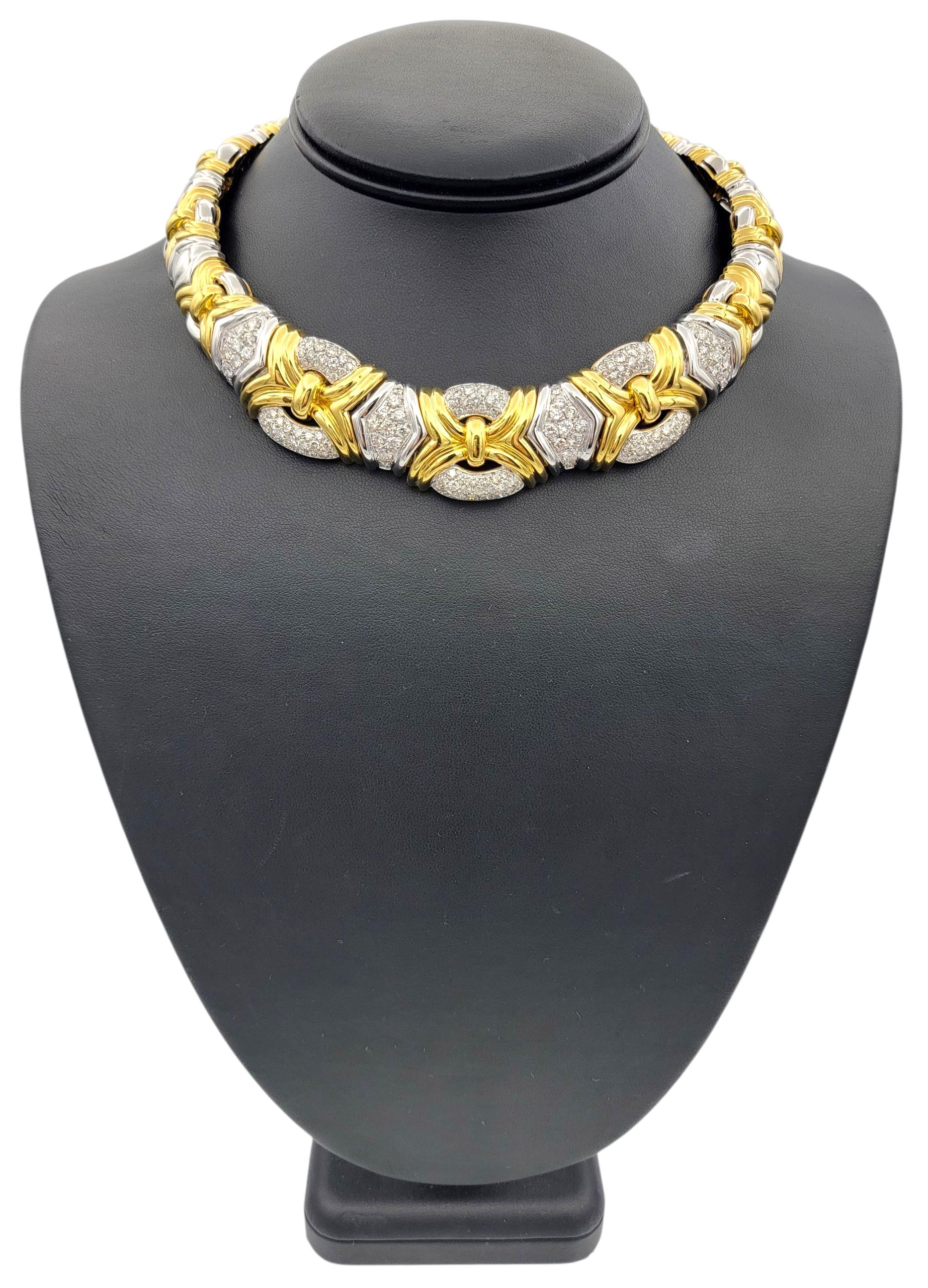 Chunky Textured Collar Necklace with Pavé Diamonds in Two-Tone 18 Karat Gold For Sale 4