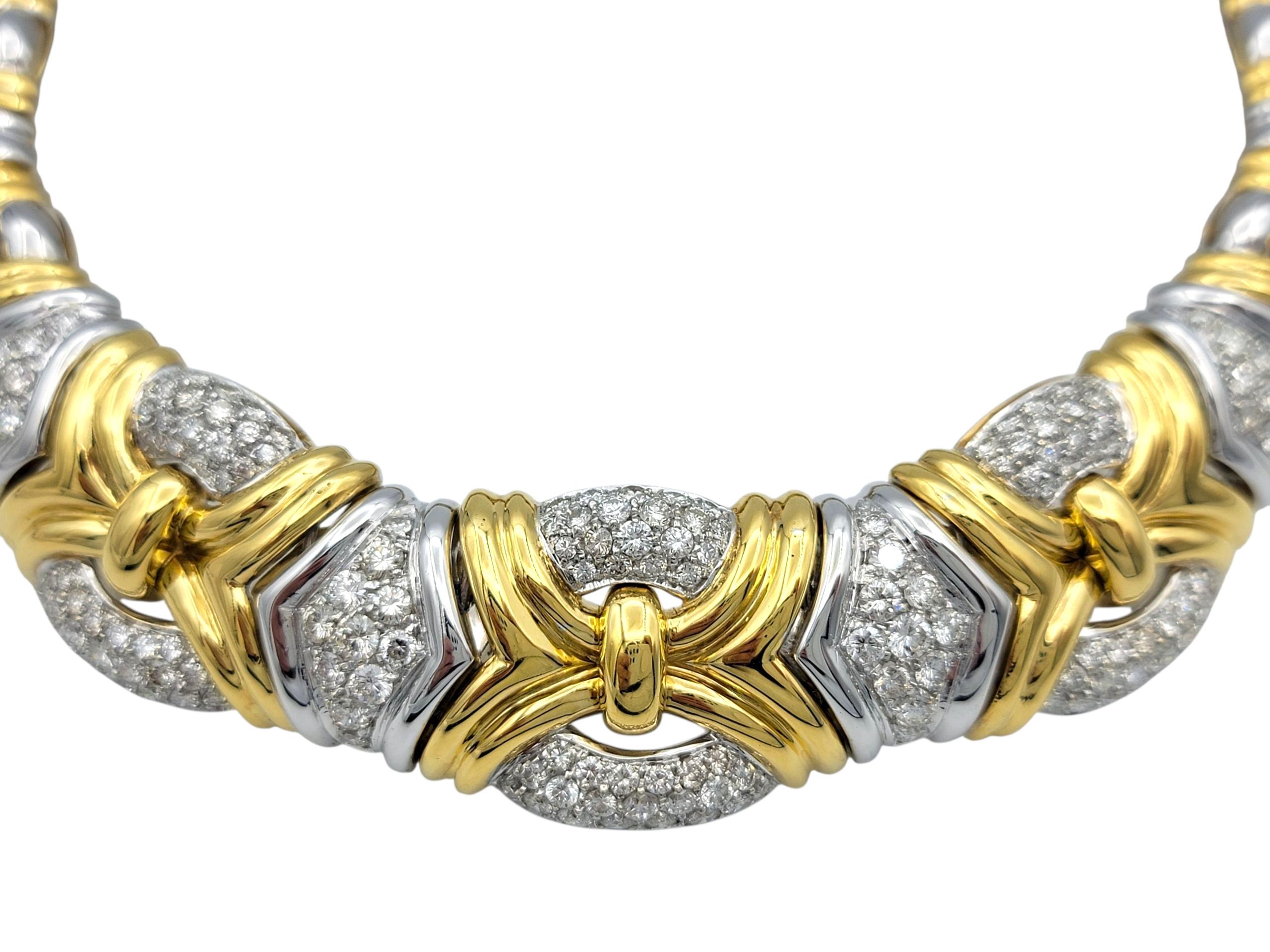 Contemporary Chunky Textured Collar Necklace with Pavé Diamonds in Two-Tone 18 Karat Gold For Sale