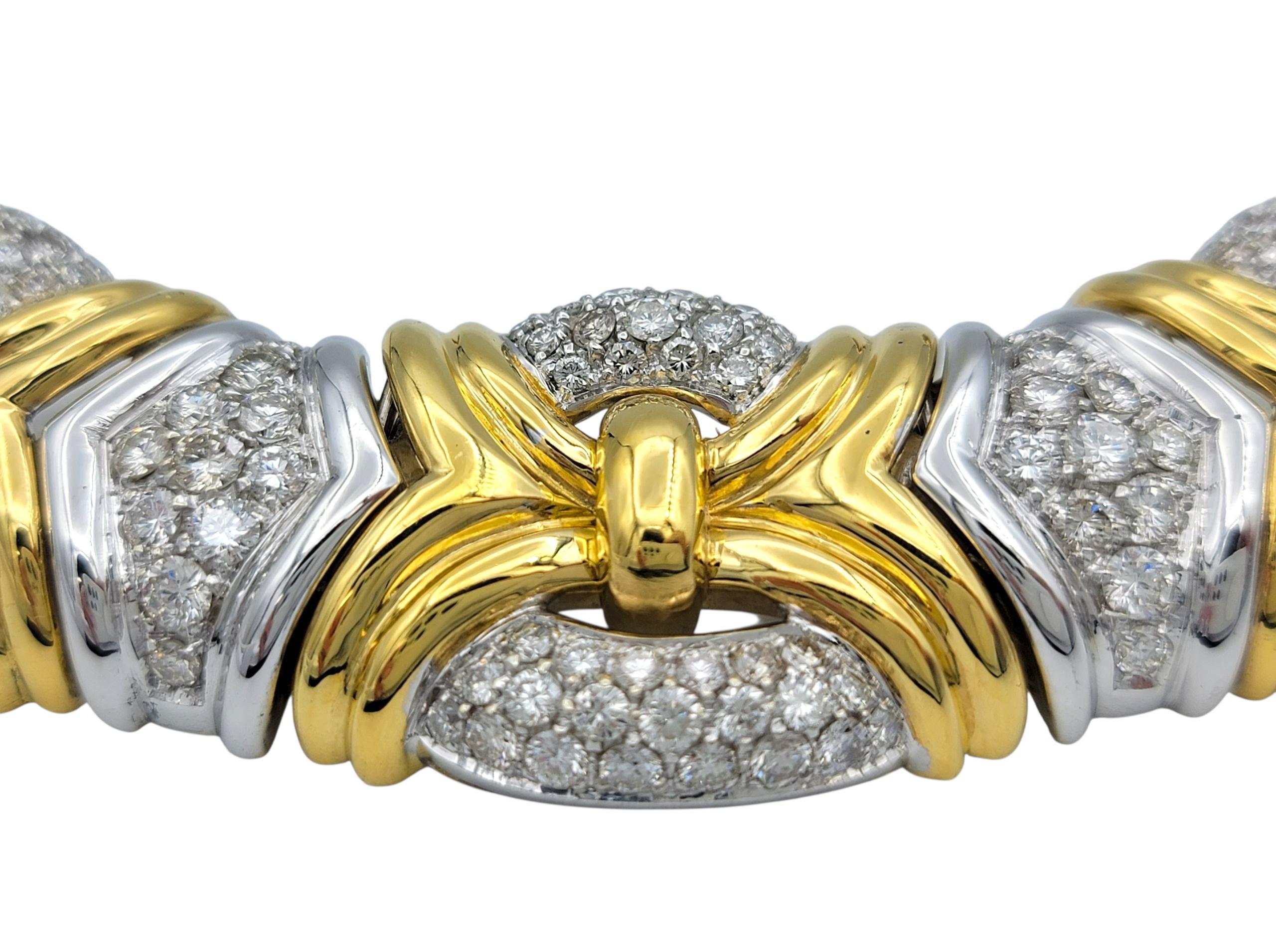 Round Cut Chunky Textured Collar Necklace with Pavé Diamonds in Two-Tone 18 Karat Gold For Sale
