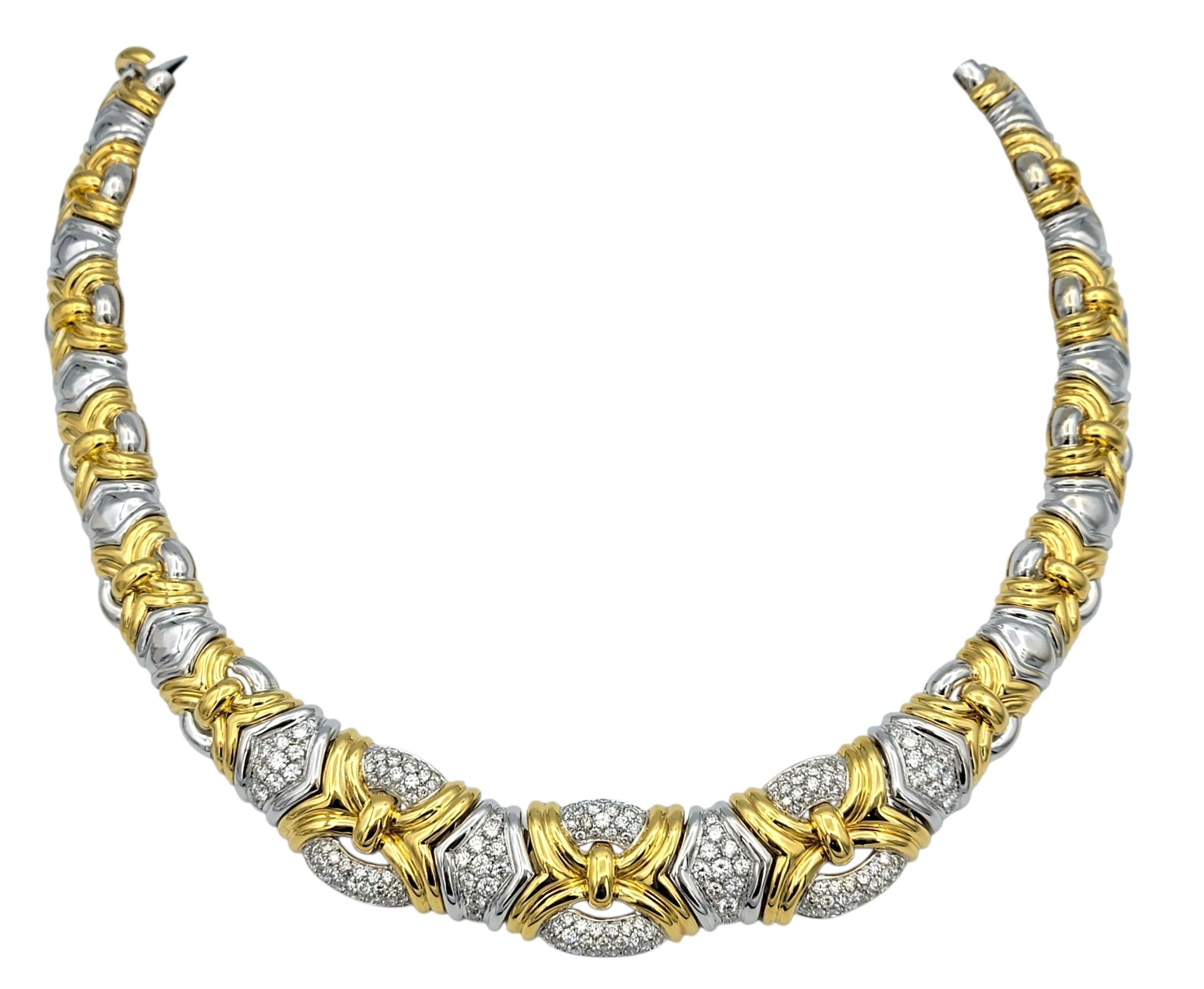 Women's Chunky Textured Collar Necklace with Pavé Diamonds in Two-Tone 18 Karat Gold For Sale