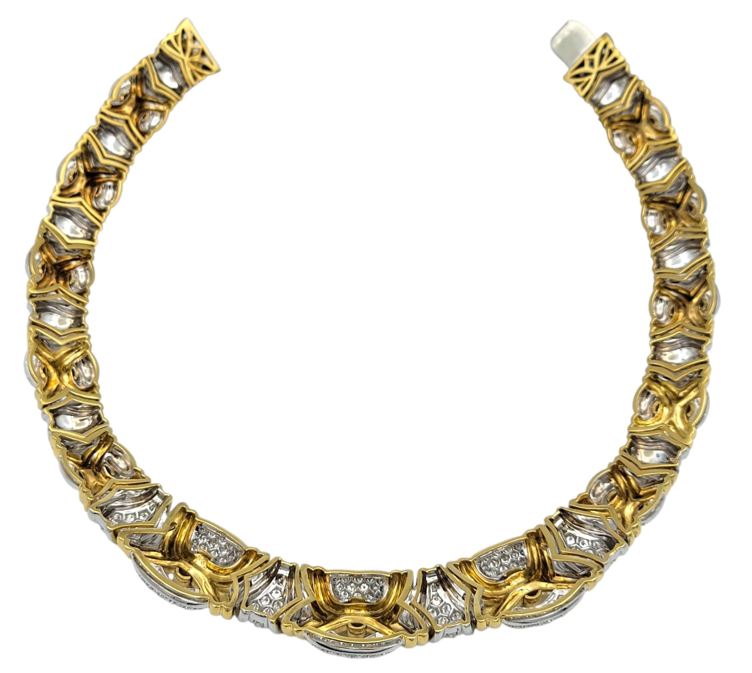 Chunky Textured Collar Necklace with Pavé Diamonds in Two-Tone 18 Karat Gold For Sale 1