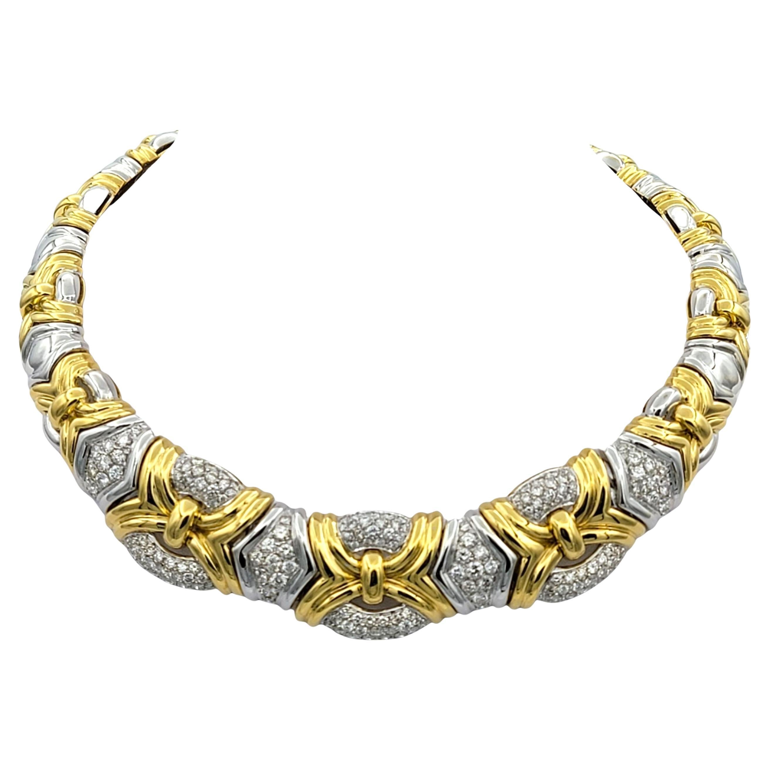 Chunky Textured Collar Necklace with Pavé Diamonds in Two-Tone 18 Karat Gold For Sale