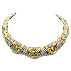 Chunky Textured Collar Necklace with Pavé Diamonds in Two-Tone 18 Karat Gold