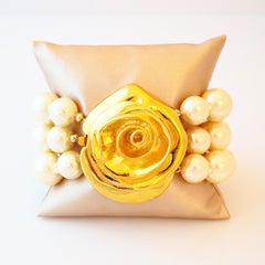 Chunky Three Strand Pearl Bracelet With Gilded Rose Clasp By Givenchy, 1980s