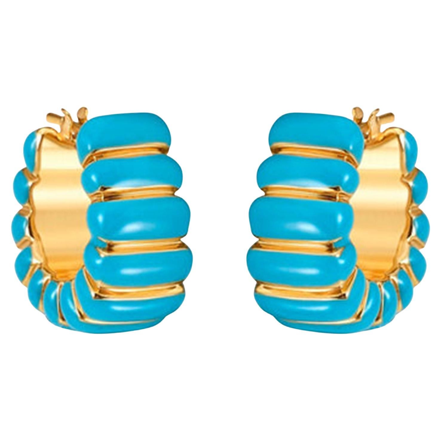 Turquoise & Enamel 14K Yellow Gold Chunky Hoop Earrings For Sale