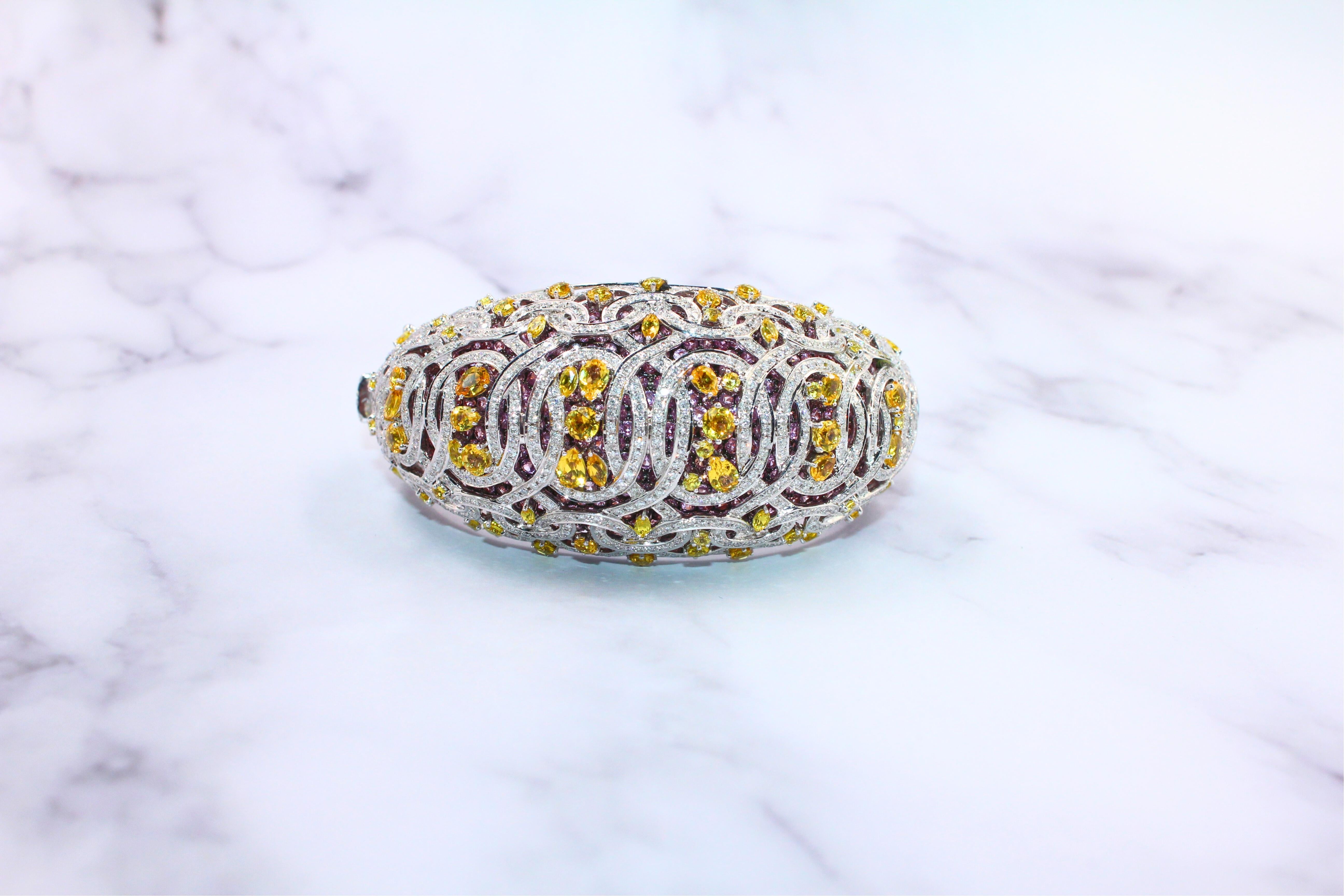 Chunky Unique Yellow & Pink Sapphire Pave Diamond 18k White Rose Bangle Bracelet For Sale 9