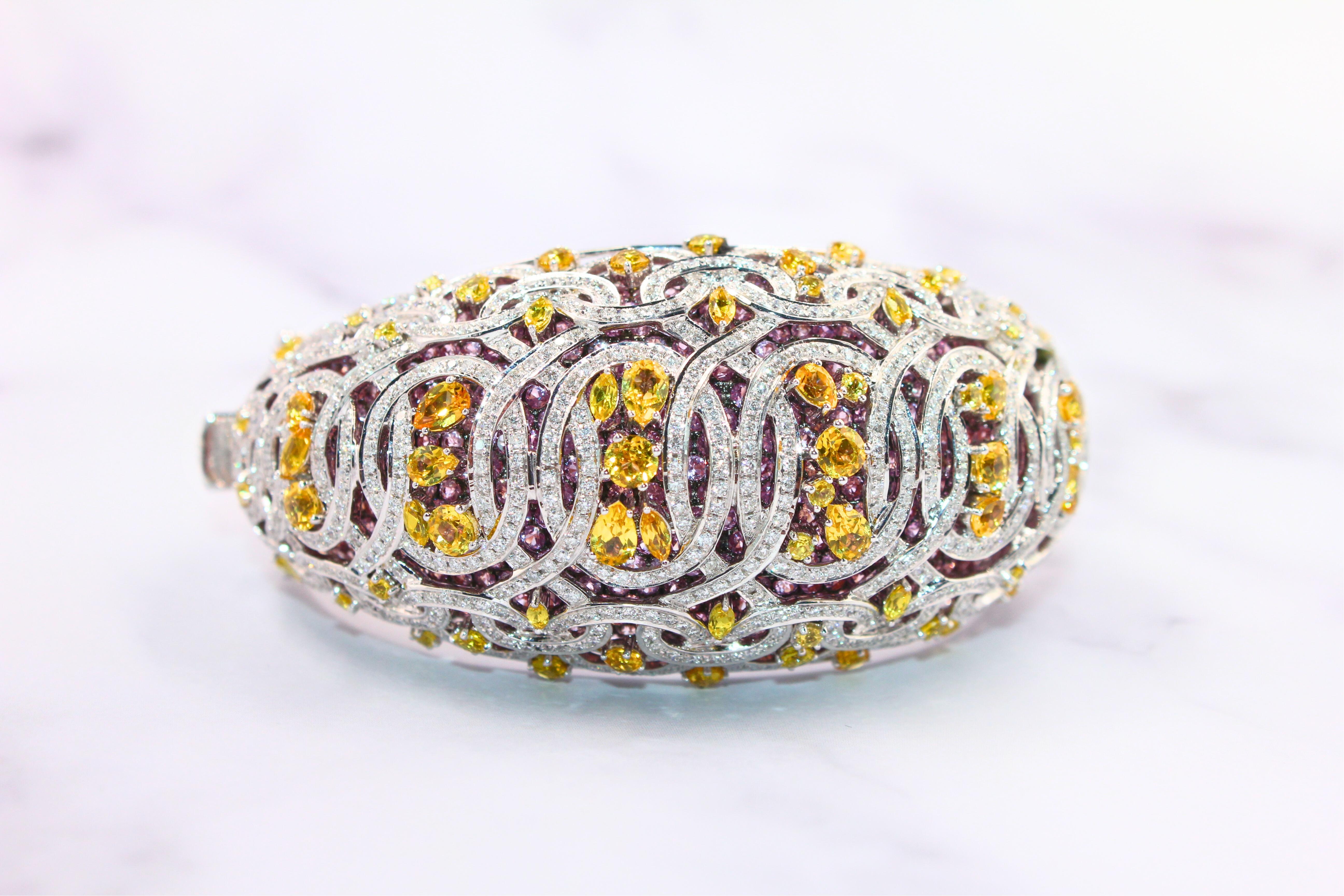 Chunky Unique Yellow & Pink Sapphire Pave Diamond 18k White Rose Bangle Bracelet For Sale 10