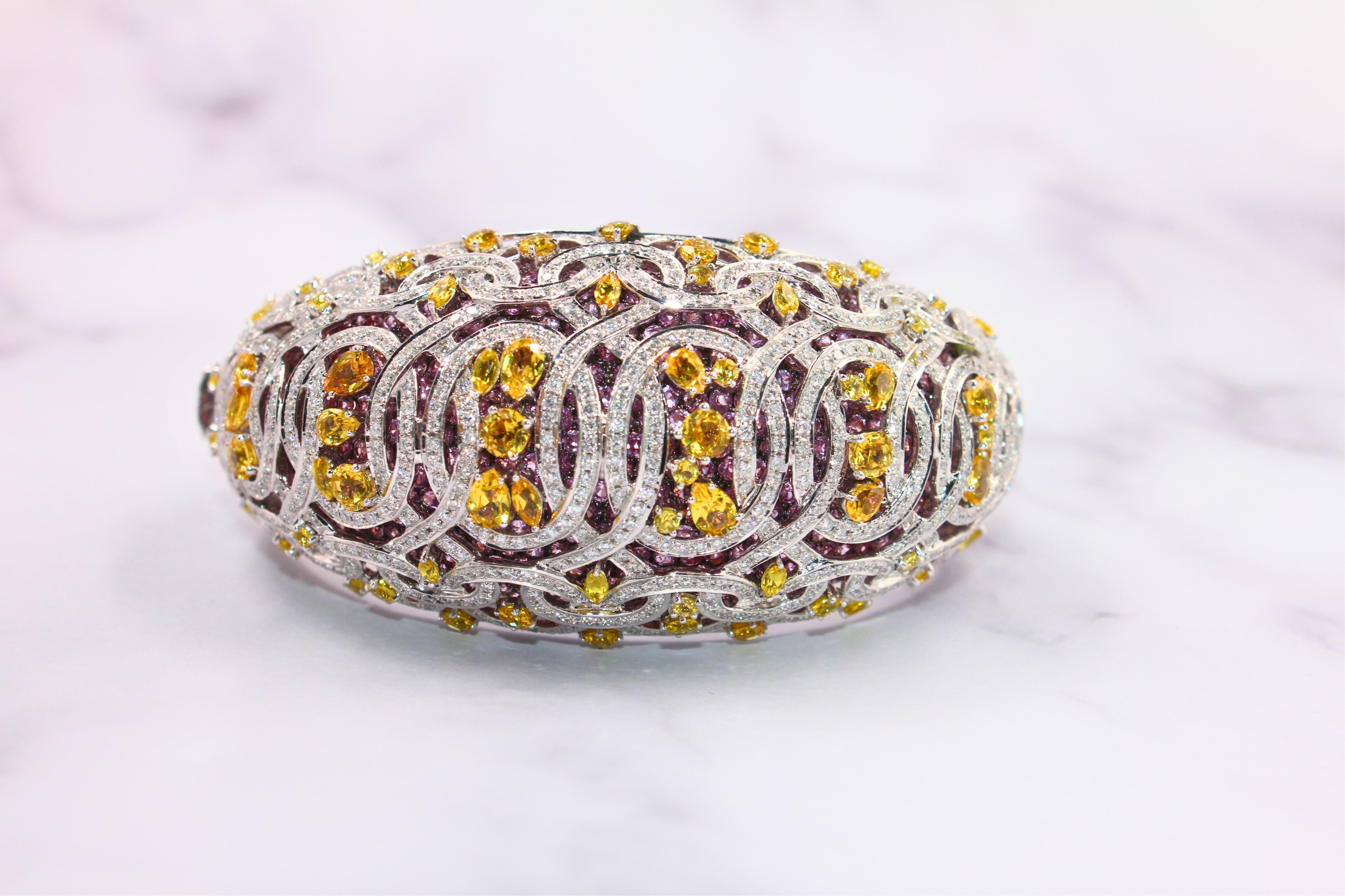Chunky Unique Yellow & Pink Sapphire Pave Diamond 18k White Rose Bangle Bracelet For Sale 11