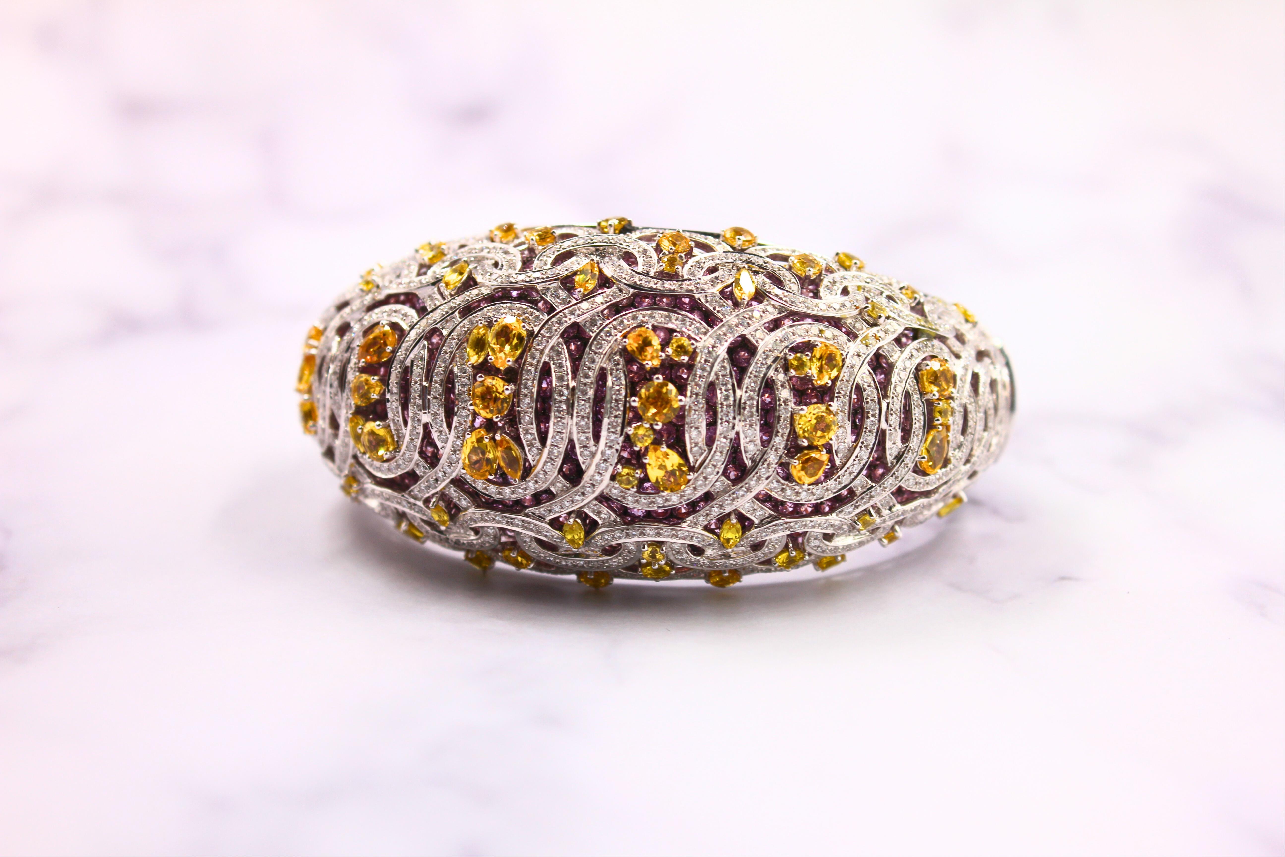 Chunky Unique Yellow & Pink Sapphire Pave Diamond 18k White Rose Bangle Bracelet For Sale 12
