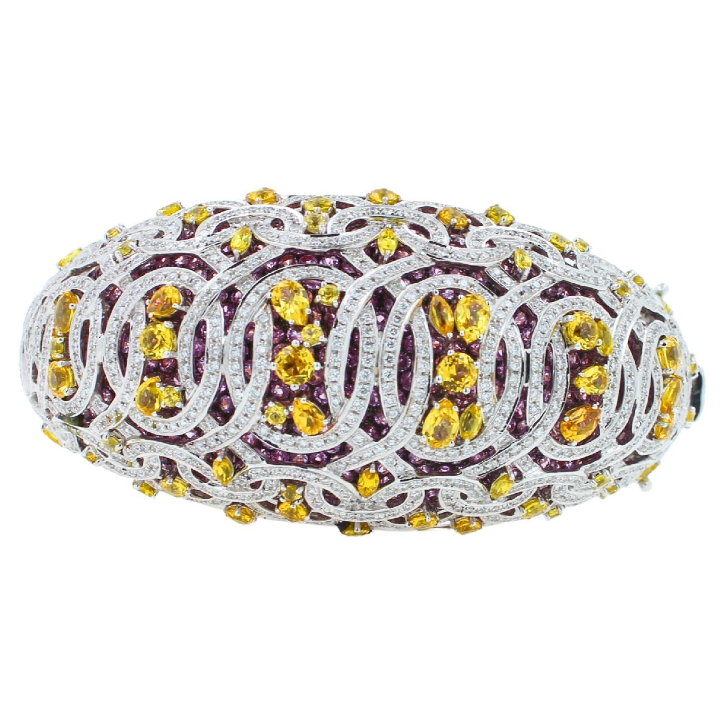 Art Nouveau Chunky Unique Yellow & Pink Sapphire Pave Diamond 18k White Rose Bangle Bracelet For Sale