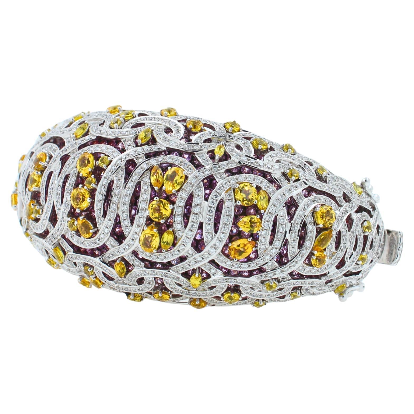 Brilliant Cut Chunky Unique Yellow & Pink Sapphire Pave Diamond 18k White Rose Bangle Bracelet For Sale