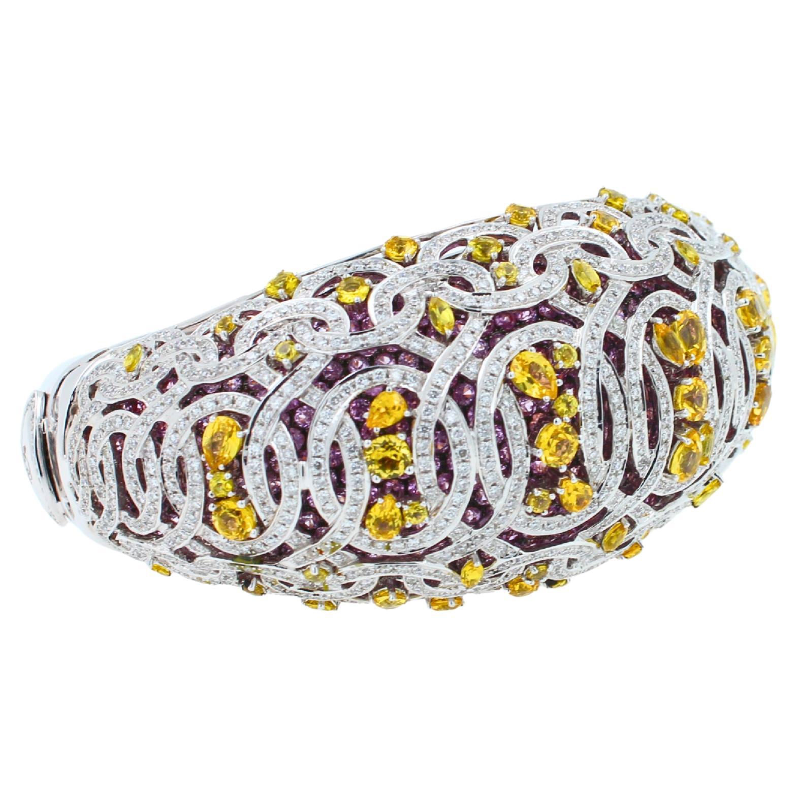 Chunky Unique Yellow & Pink Sapphire Pave Diamond 18k White Rose Bangle Bracelet In New Condition For Sale In Oakton, VA