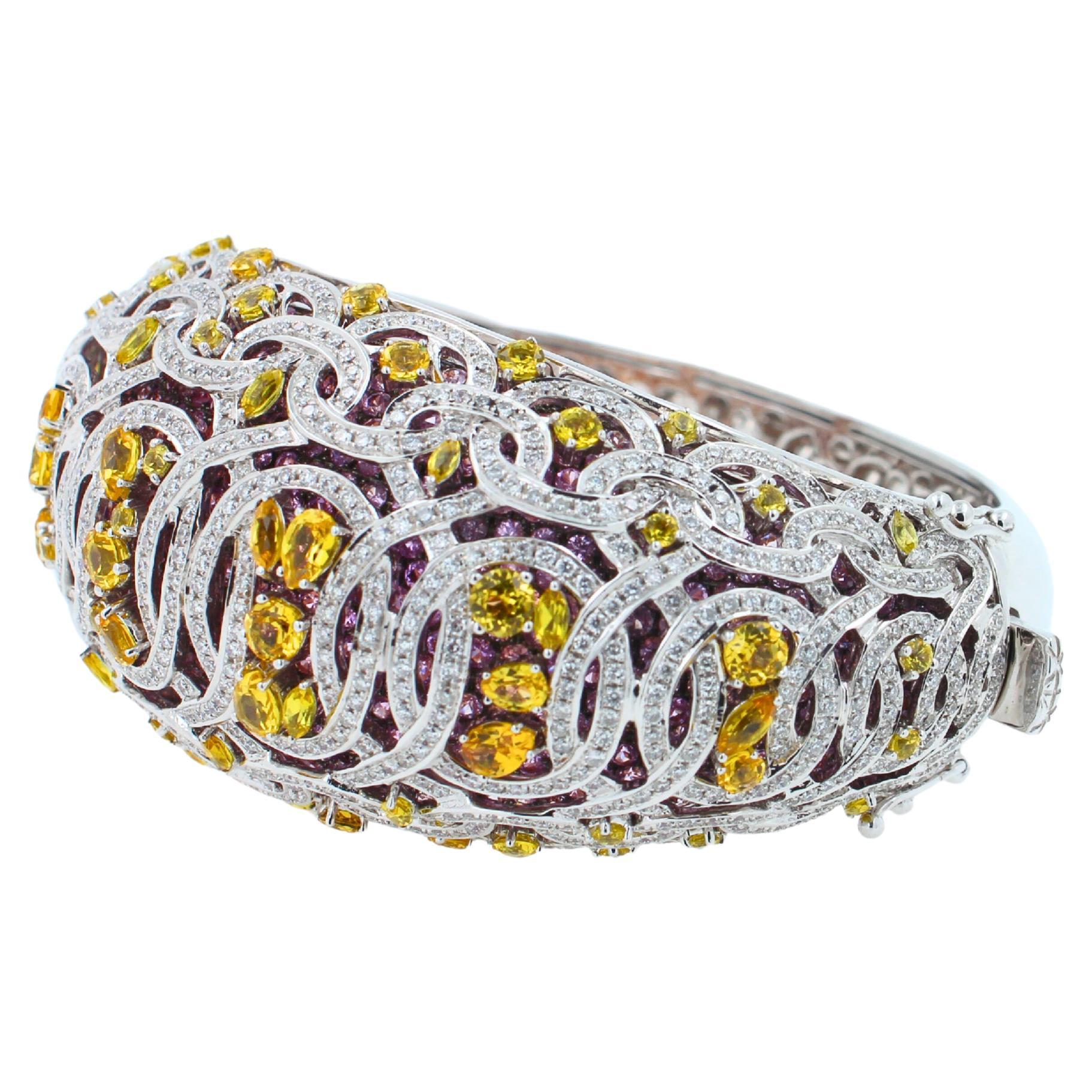 Women's or Men's Chunky Unique Yellow & Pink Sapphire Pave Diamond 18k White Rose Bangle Bracelet For Sale