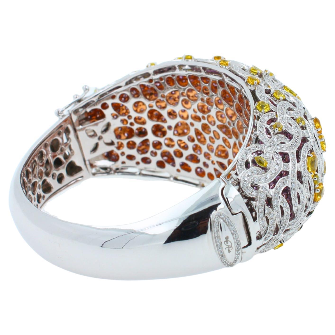 Chunky Unique Yellow & Pink Sapphire Pave Diamond 18k White Rose Bangle Bracelet For Sale 1