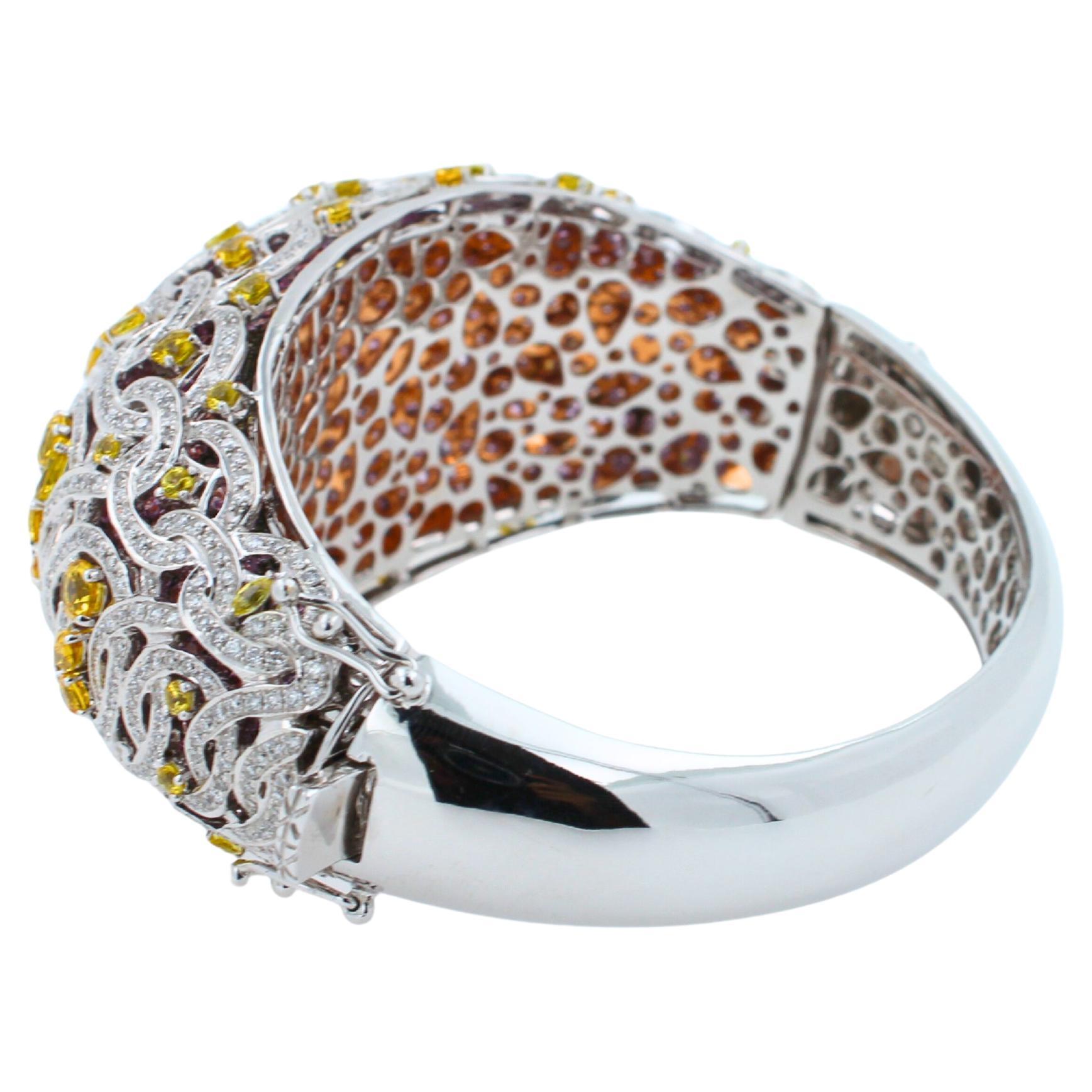 Chunky Unique Yellow & Pink Sapphire Pave Diamond 18k White Rose Bangle Bracelet For Sale 3