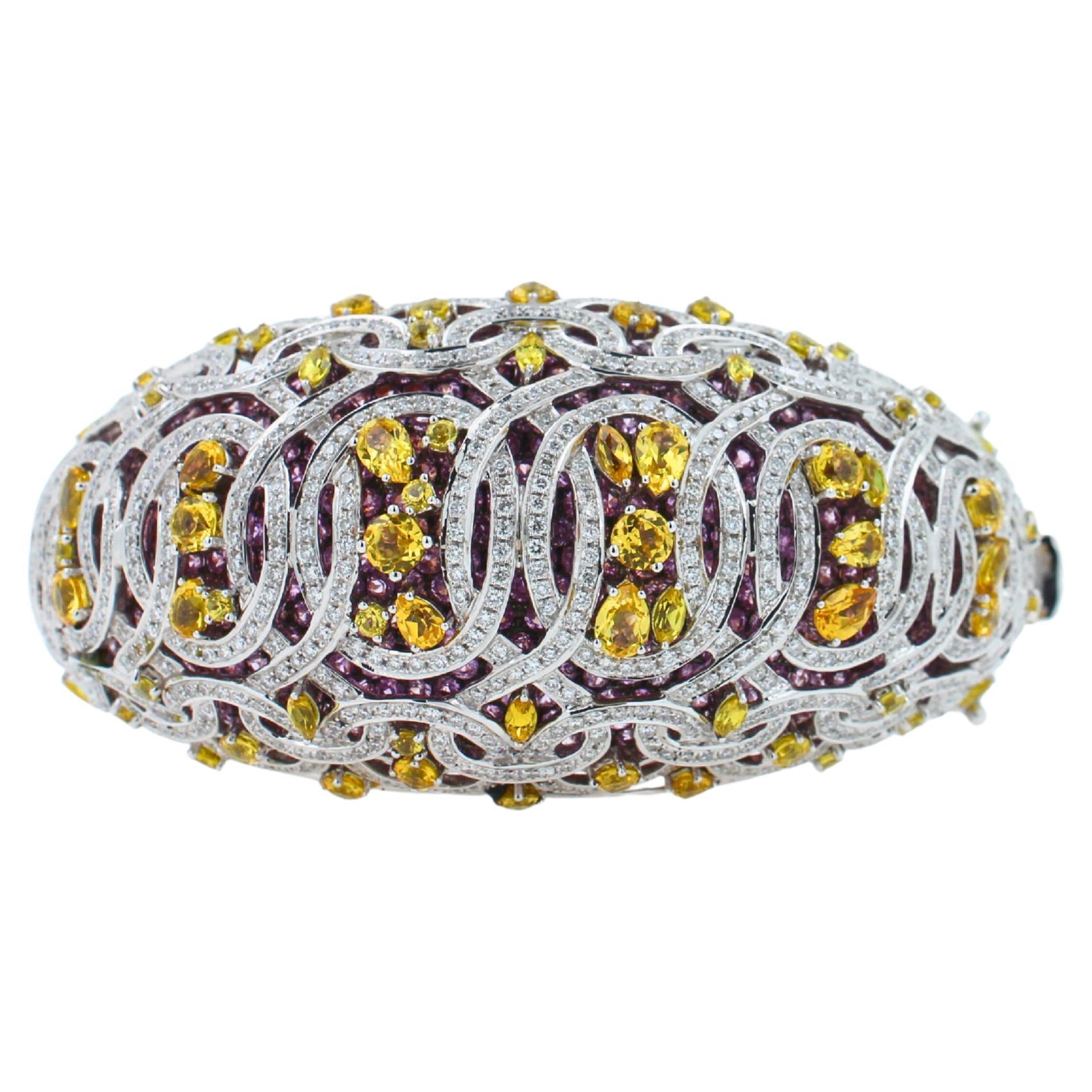 Chunky Unique Yellow & Pink Sapphire Pave Diamond 18k White Rose Bangle Bracelet For Sale