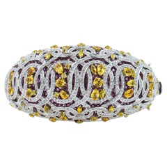 Chunky Unique Yellow & Pink Sapphire Pave Diamond 18k White Rose Bangle Bracelet