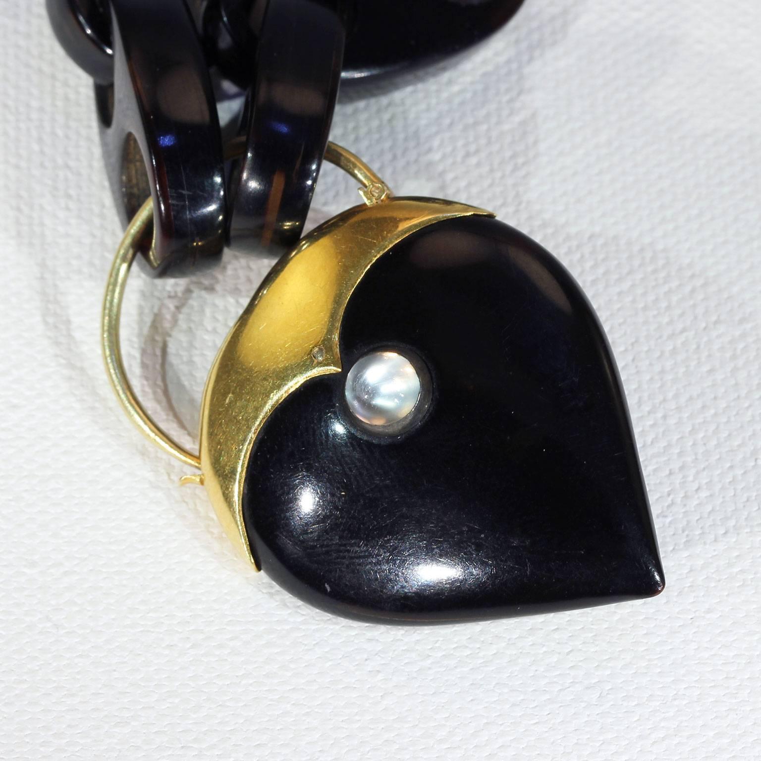 Chunky Victorian Pique Bracelet Gold Moonstone Heart Lock For Sale 2