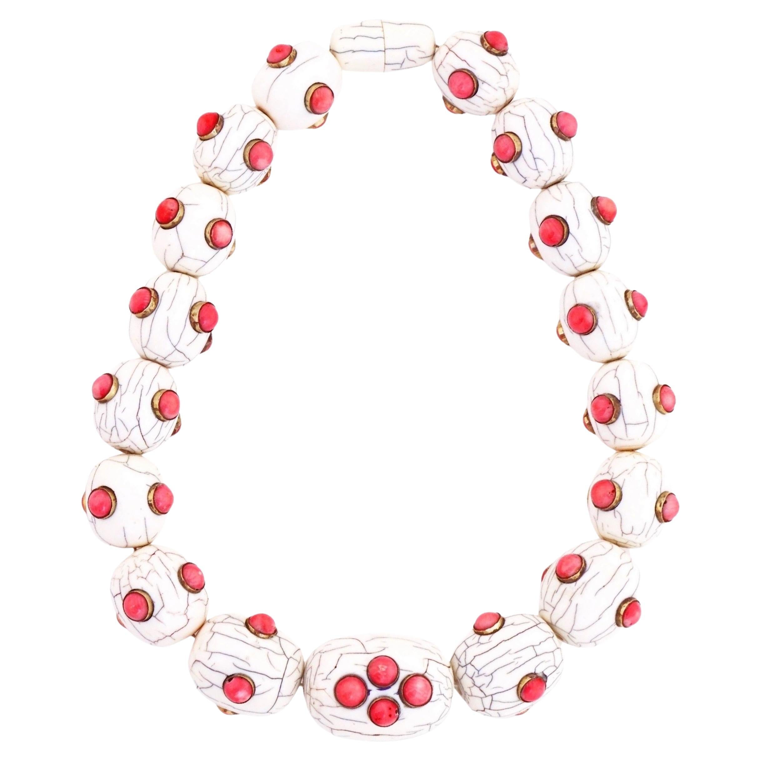 Chunky White Resin Beaded Statement Necklace With Silver Mounted Pink Jade