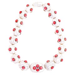 Vintage Chunky White Resin Beaded Statement Necklace With Silver Mounted Pink Jade