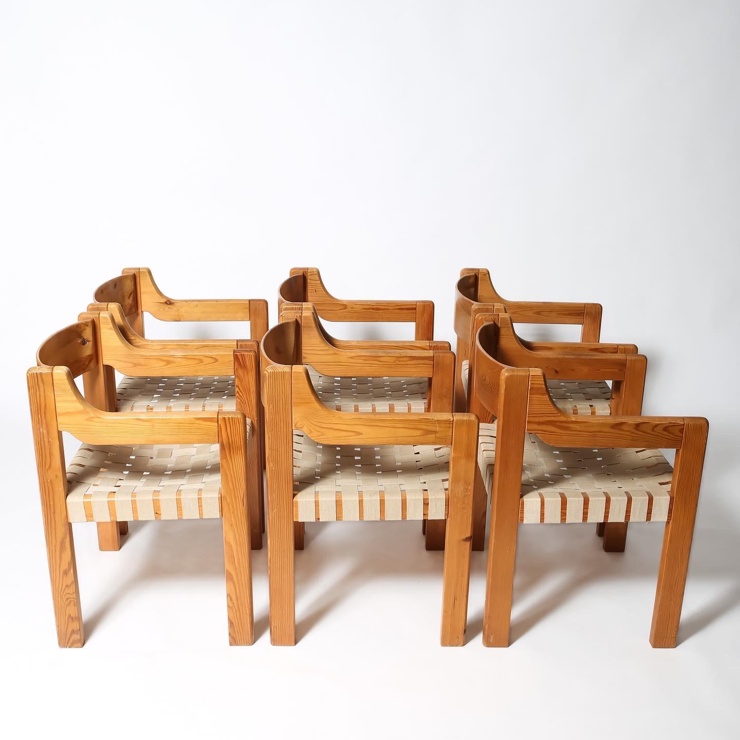 Fantastic set of six woven dining chairs in pine. Substantial frames, reminiscent of Karin Mobring or Vico Magistretti are the quintessential 1970s chalet vibe. Overall wear consistent with age; webbing appears to have been redone at some point but