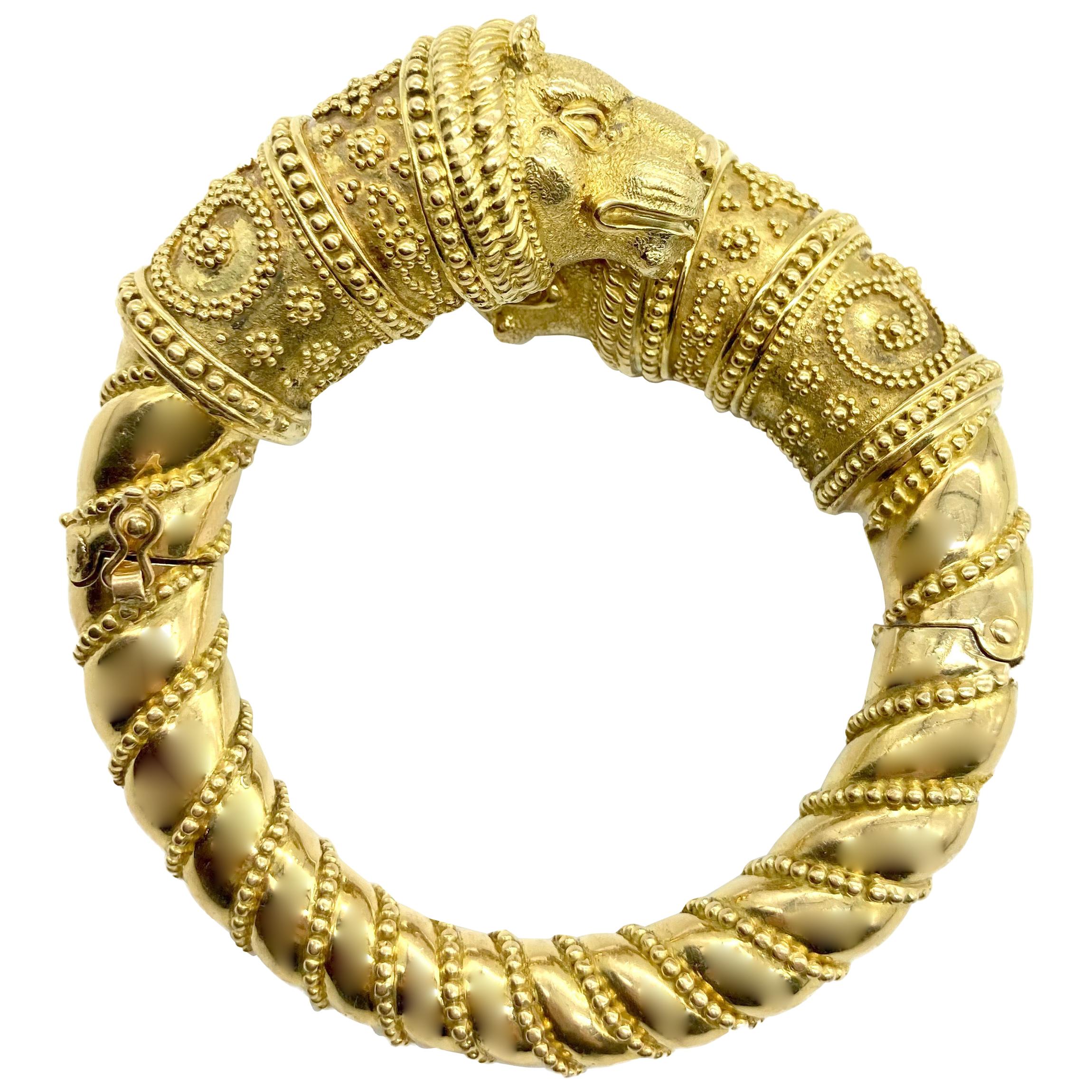 Chunky Yellow Gold Greek Chimera Statement Cuff Bracelet