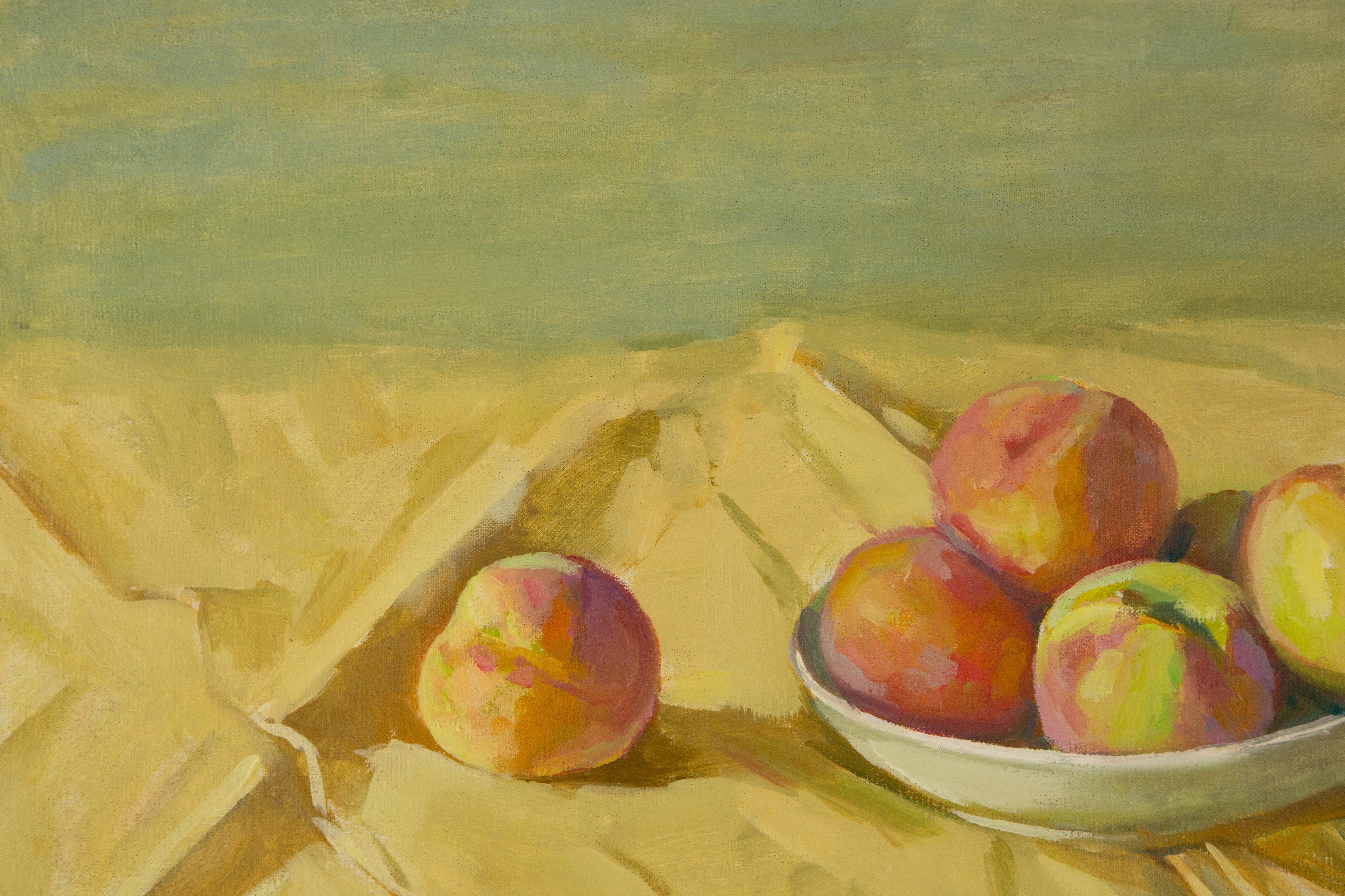Chunlong Zhang Stillleben Original Ölgemälde auf Leinwand „Peach und Licht“ im Angebot 1