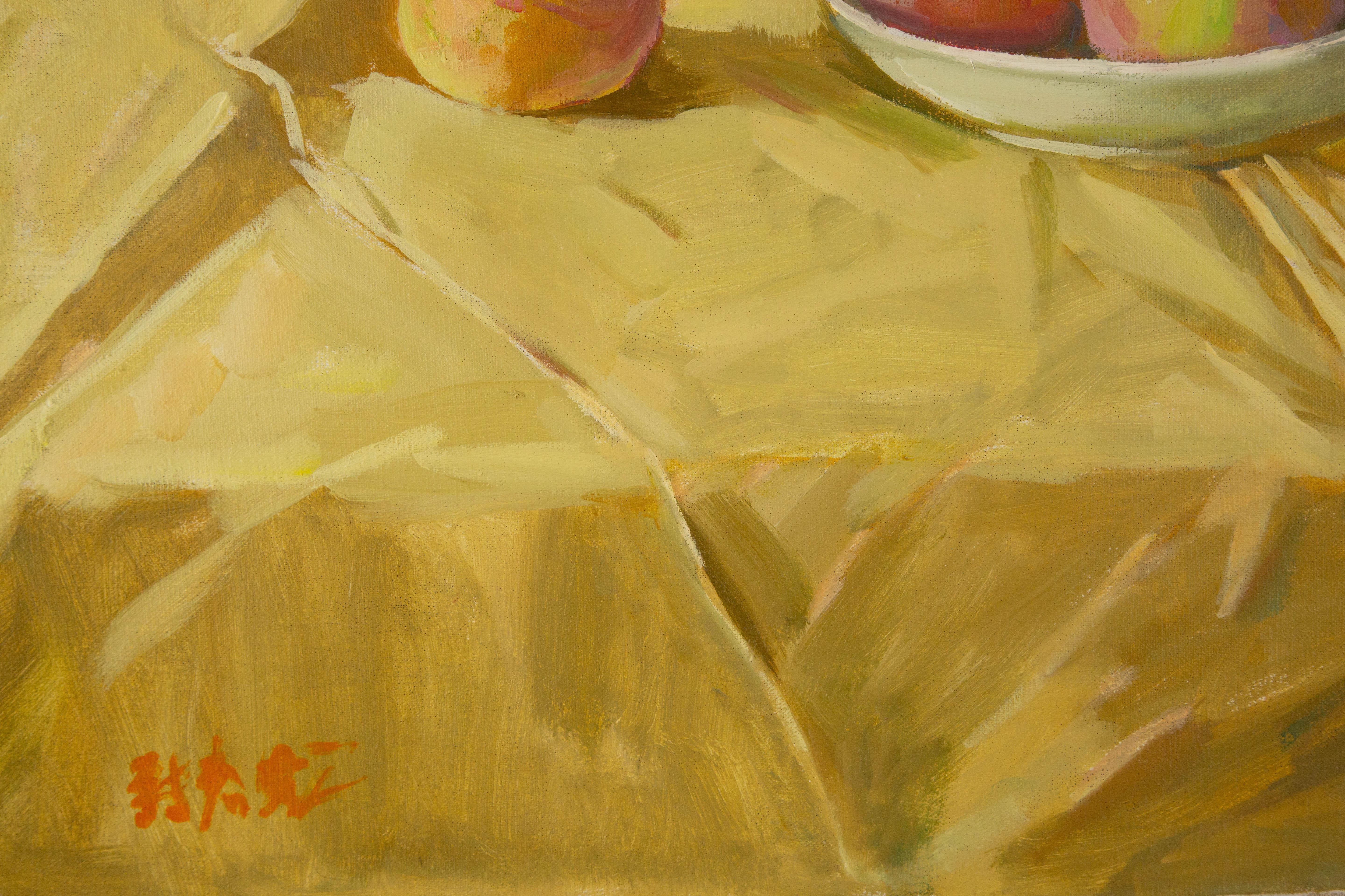 Chunlong Zhang Stillleben Original Ölgemälde auf Leinwand „Peach und Licht“ im Angebot 2