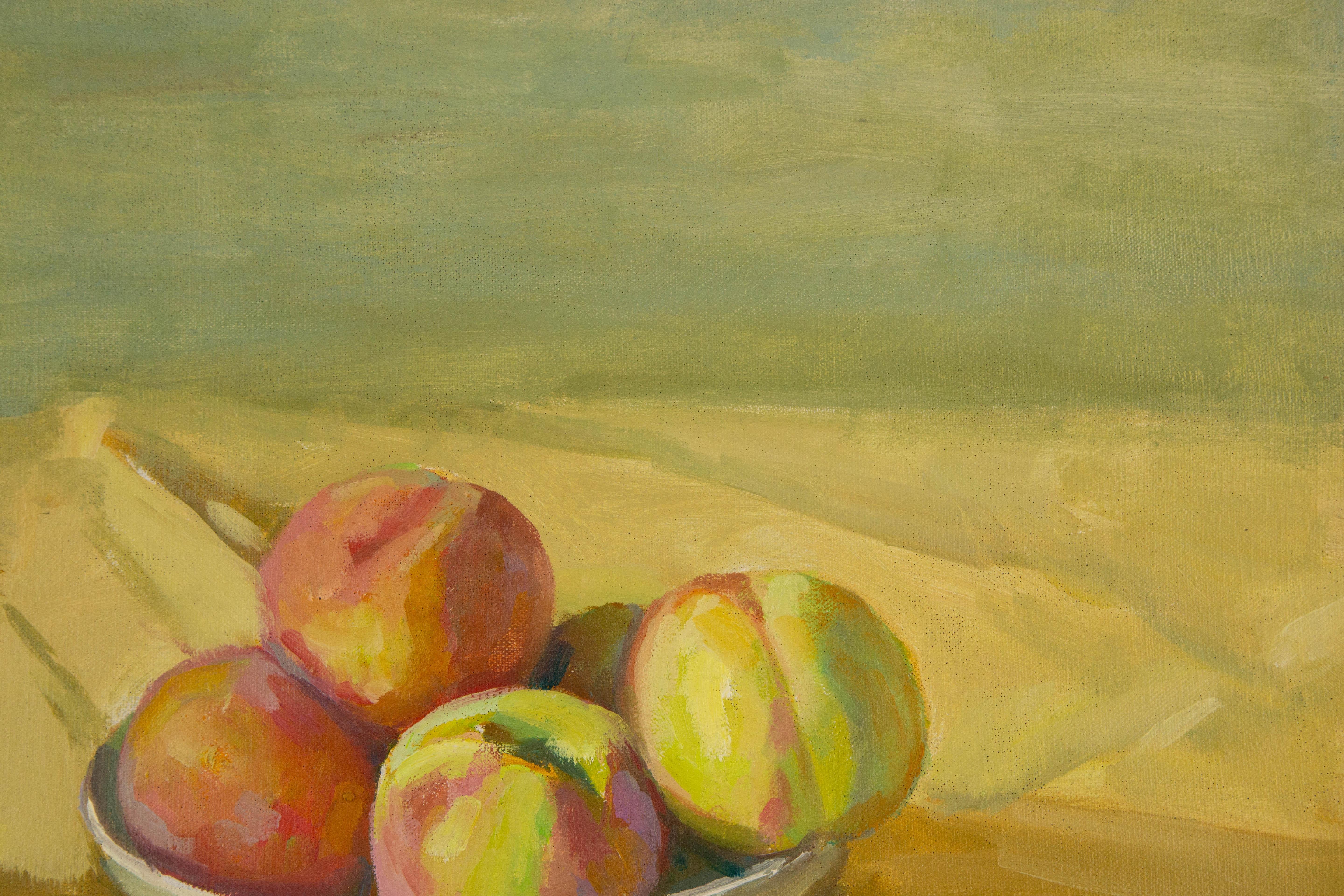 Chunlong Zhang Stillleben Original Ölgemälde auf Leinwand „Peach und Licht“ im Angebot 3