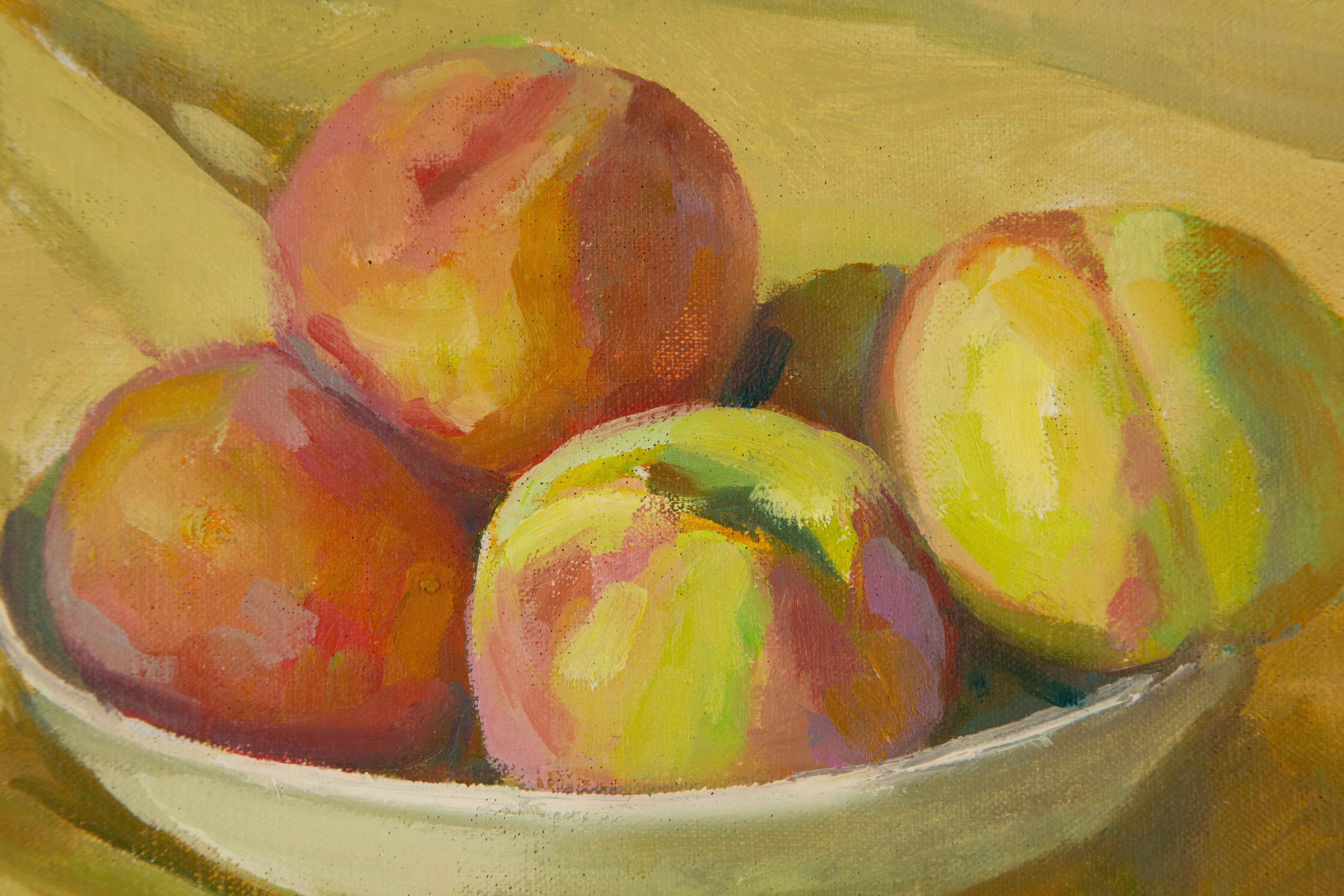 Chunlong Zhang Stillleben Original Ölgemälde auf Leinwand „Peach und Licht“ im Angebot 5