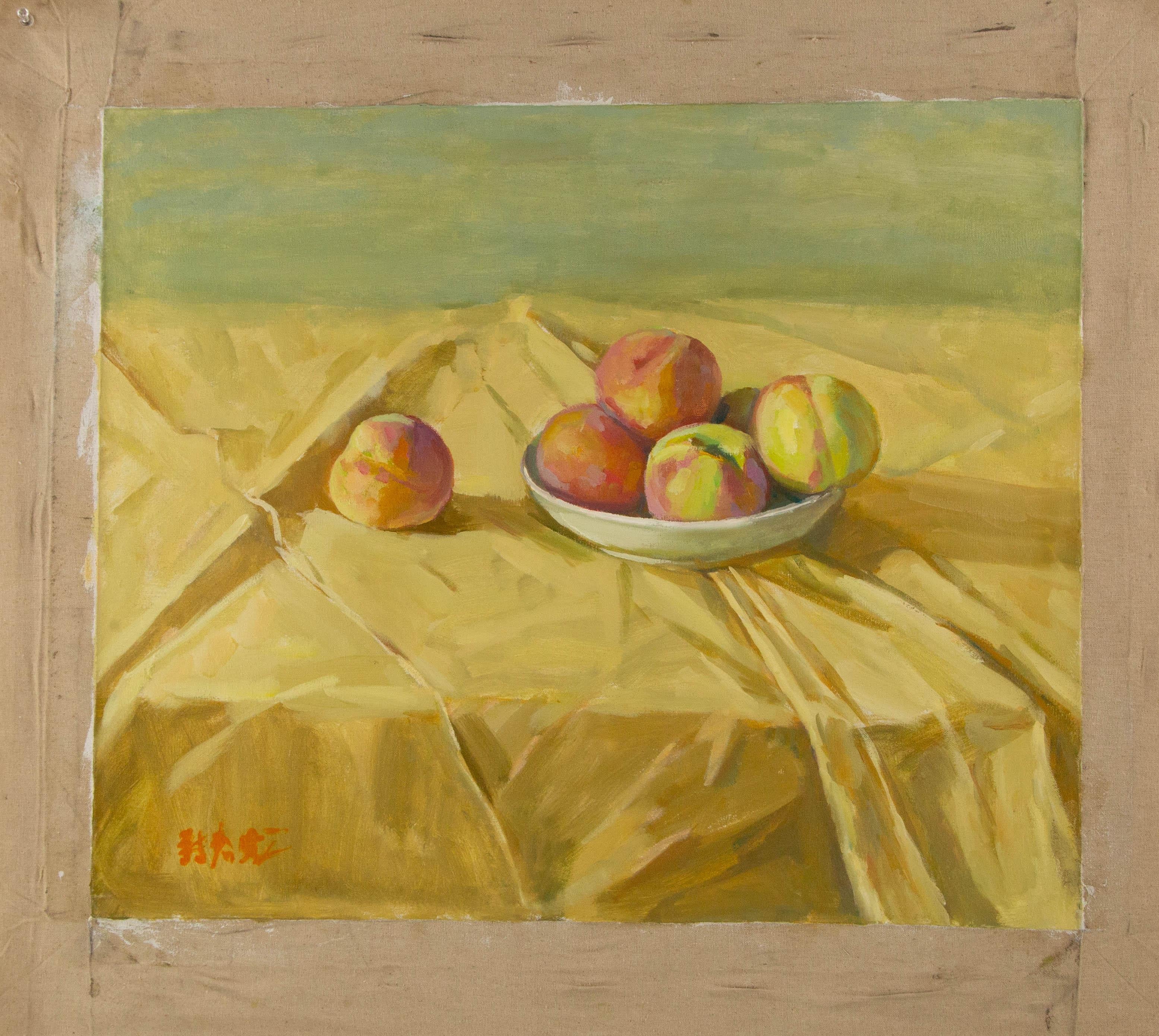 Chunlong Zhang Stillleben Original Ölgemälde auf Leinwand „Peach und Licht“ im Angebot 7