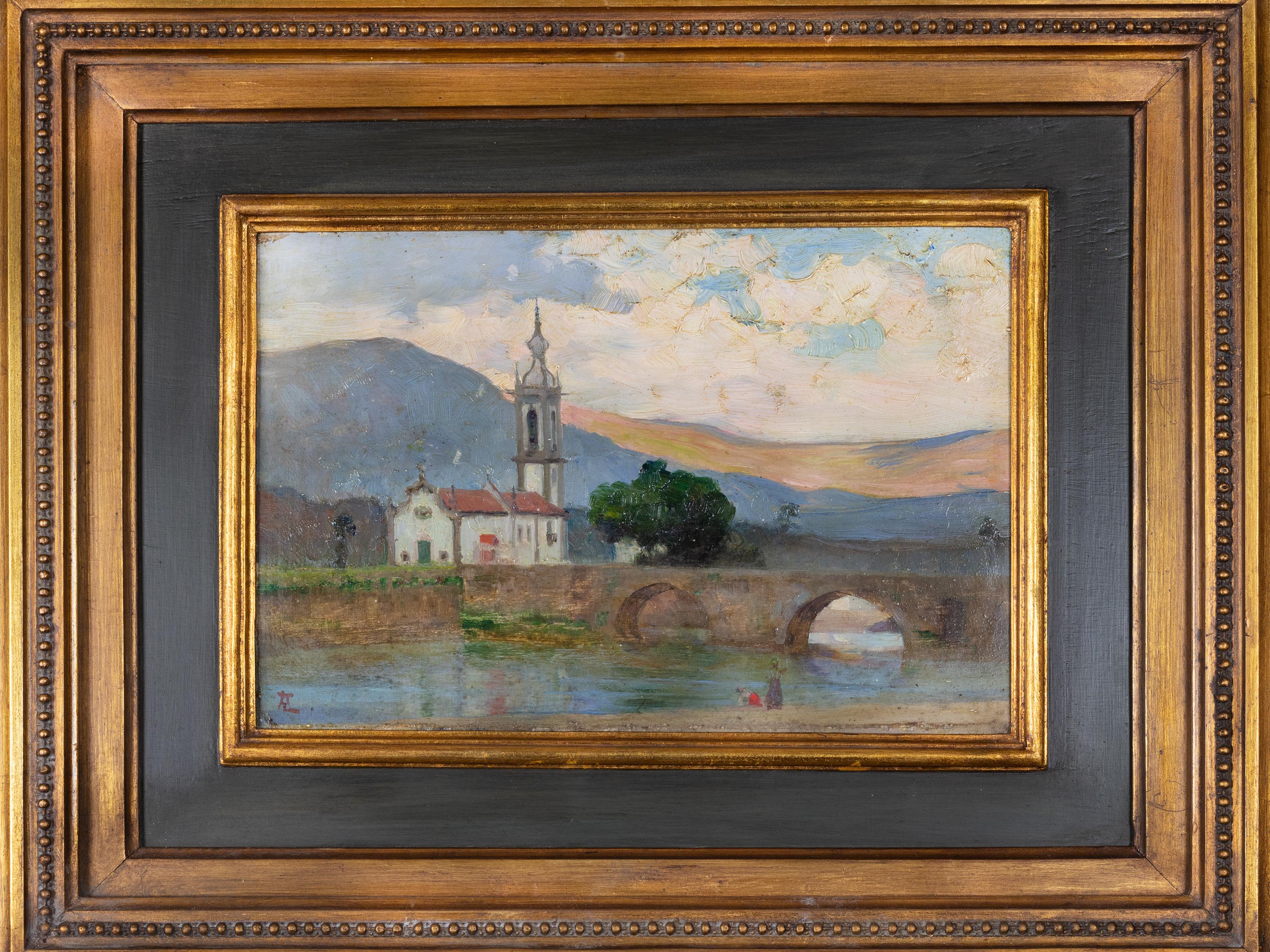 Church and Bridge Painting by Artur Loureiro, 20th Century In Good Condition For Sale In Lisbon, PT