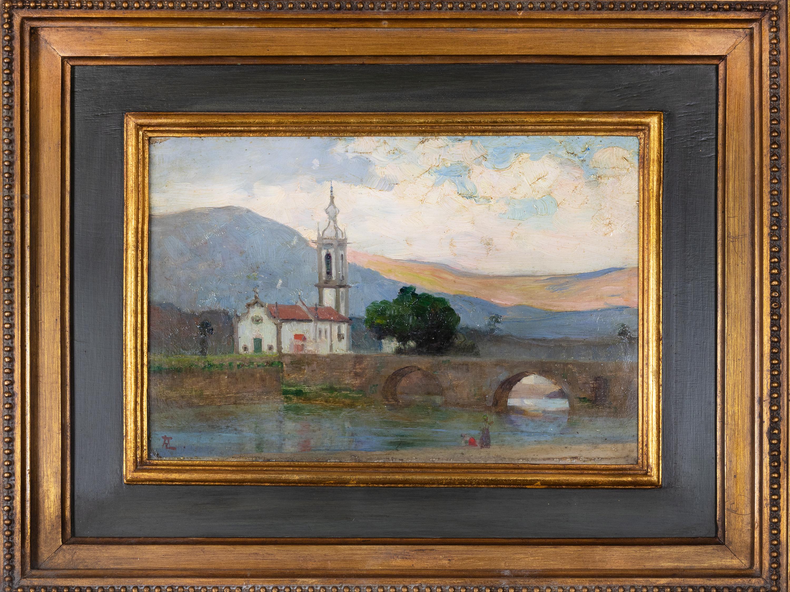 Church and Bridge Painting by Artur Loureiro, 20th Century For Sale 1