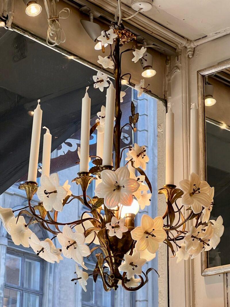 Gilt Church Chandelier-Opaque Glass Lillies, Early 1900s France For Sale