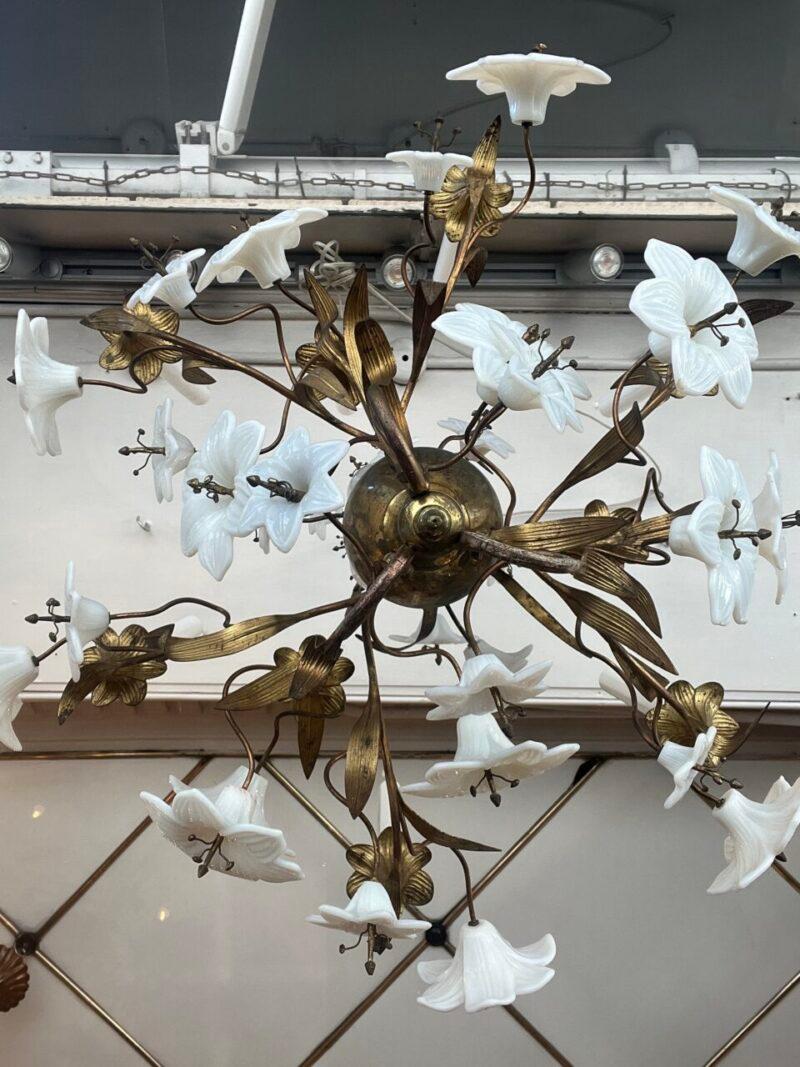 20th Century Church Chandelier-Opaque Glass Lillies, Early 1900s France For Sale