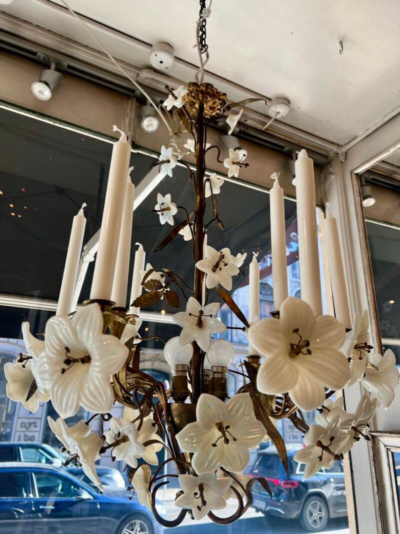 Cut Glass Church Chandelier-Opaque Glass Lillies, Early 1900s France For Sale