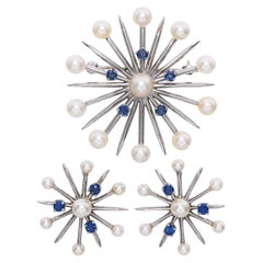 Church & Co. 14k White Gold Pearl & Sapphire Snowflake Earrings & Brooch Set