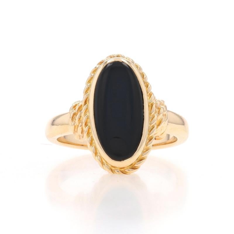 Size: 5
Sizing Fee: Up 3 sizes for $35 or Down 2 sizes for $30

Brand: Church & Co.

Metal Content: 14k Yellow Gold

Stone Information

Natural Onyx
Color: Black

Style: Cocktail Solitaire
Features: Rope-textured detailing

Measurements

Face Height
