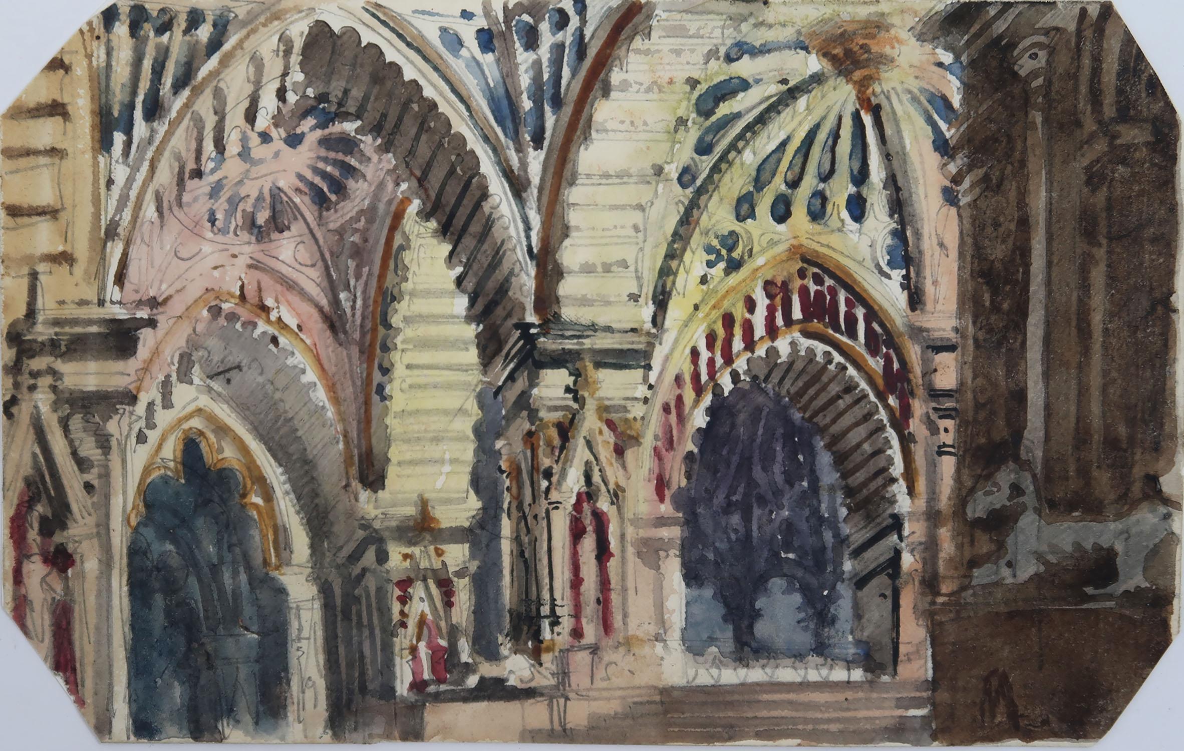 A beautiful watercolor of a church interior.

Trimmed corners

Inscribed Malta on the page of the album it came from

Fabulous quality. Lovely bright colours. Not faded at all.

By Edwin Landseer Grundy*. Provenance- From an album of