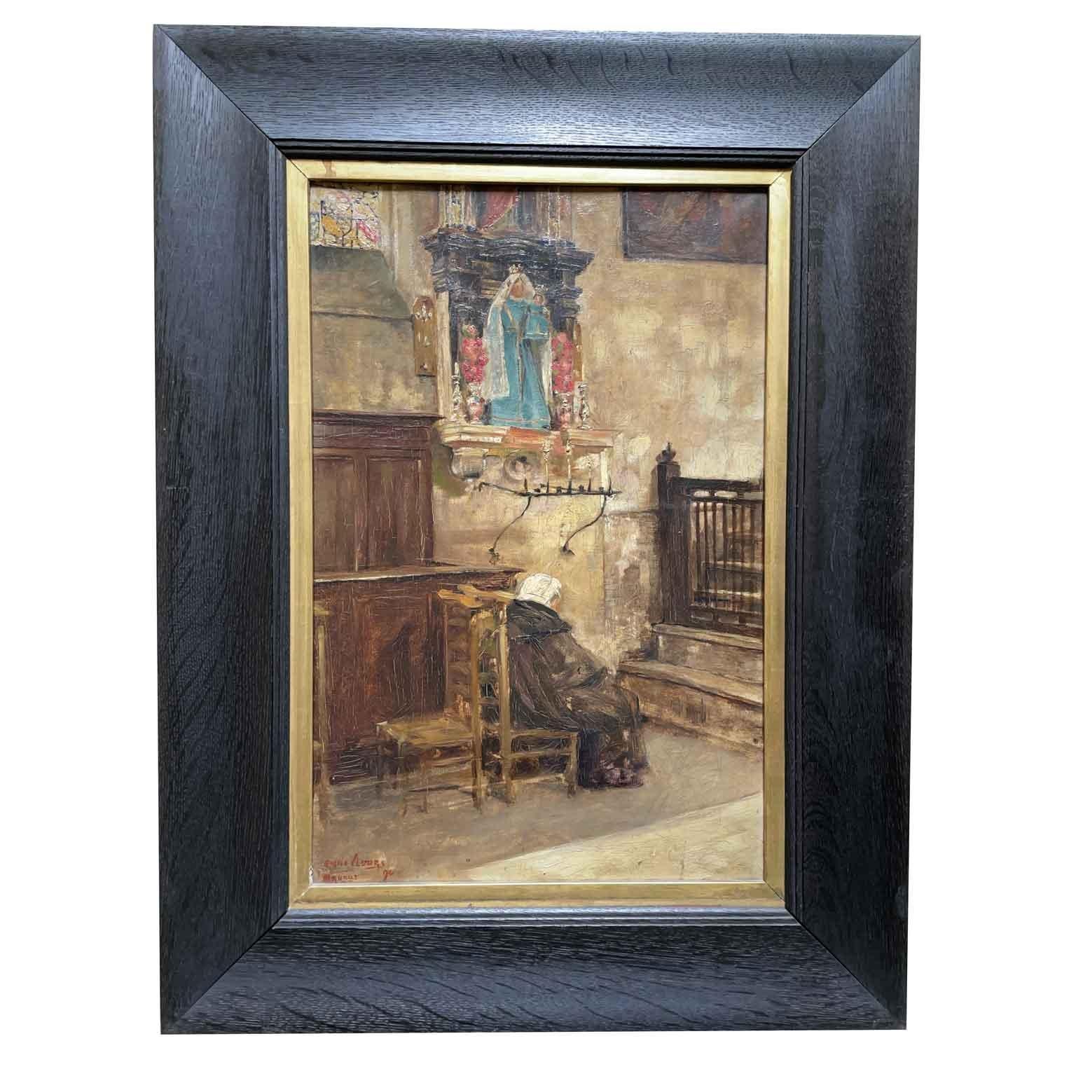 Ebonized Church Interior with Praying Woman Signed by Belgian Emile Vloors 1894 Bruges For Sale