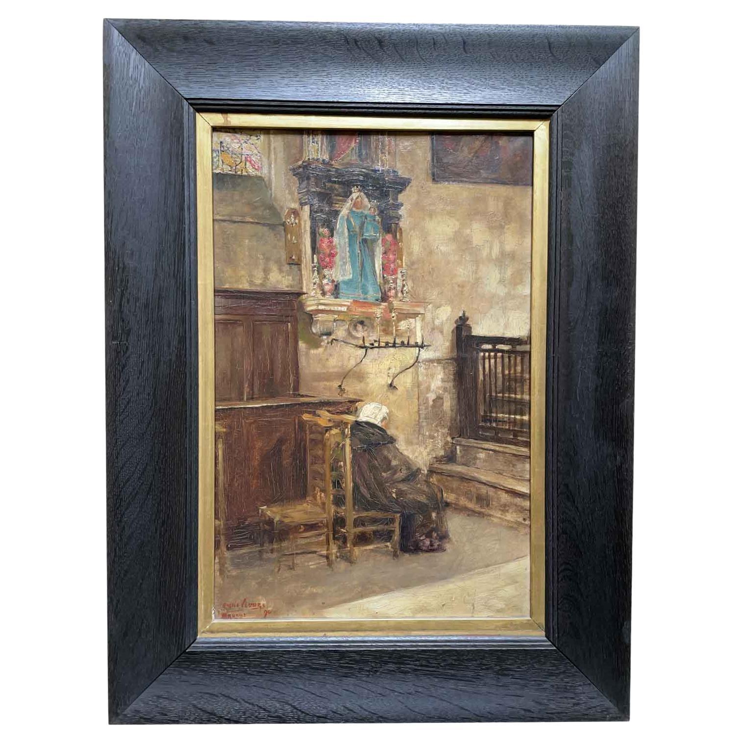 Church Interior with Praying Woman Signed by Belgian Emile Vloors 1894 Bruges For Sale