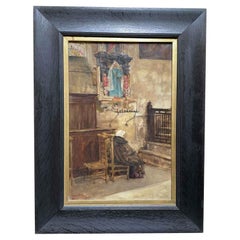 Antique Church Interior with Praying Woman Signed by Belgian Emile Vloors 1894 Bruges