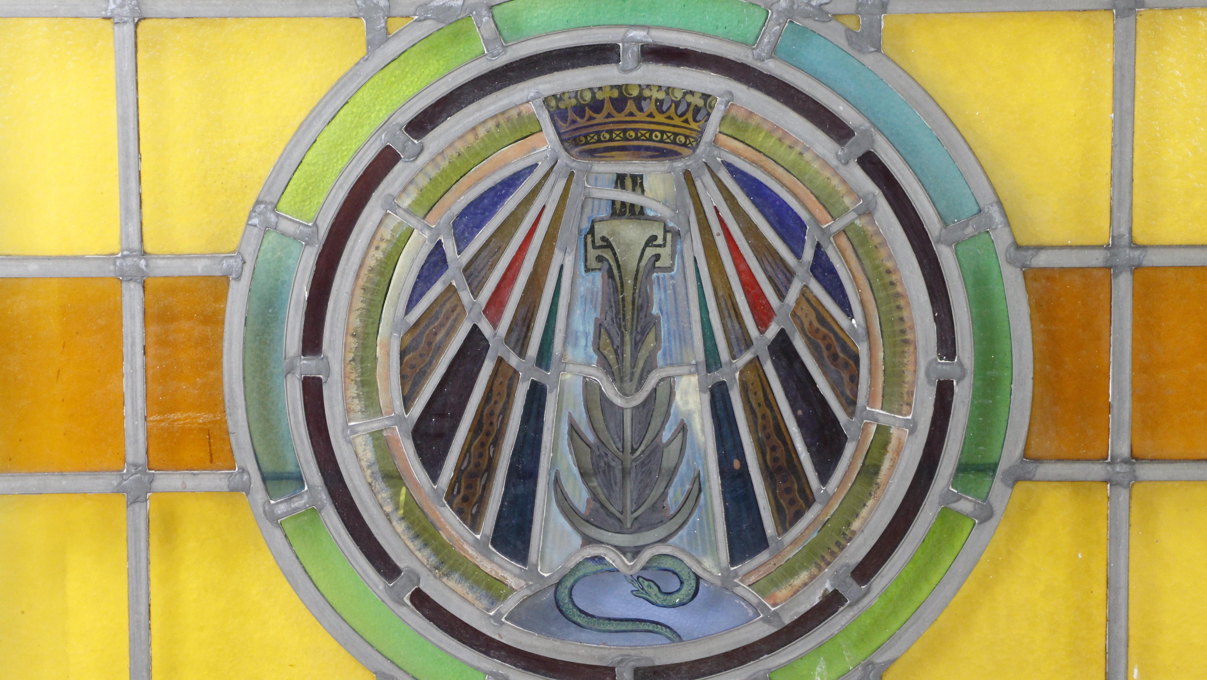 Church Medallion-Stained Glass Double Hung Windows For Sale 7